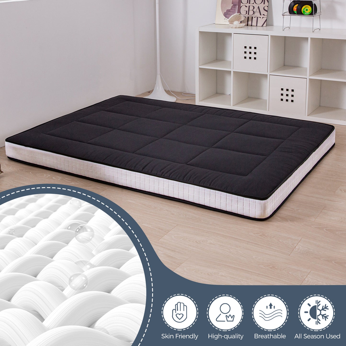 MAXYOYO 15cm Padded Japanese Floor Mattress, Extra Thick Sleeping Pad Breathable Floor Lounger Guest Bed Car Bed (Black)