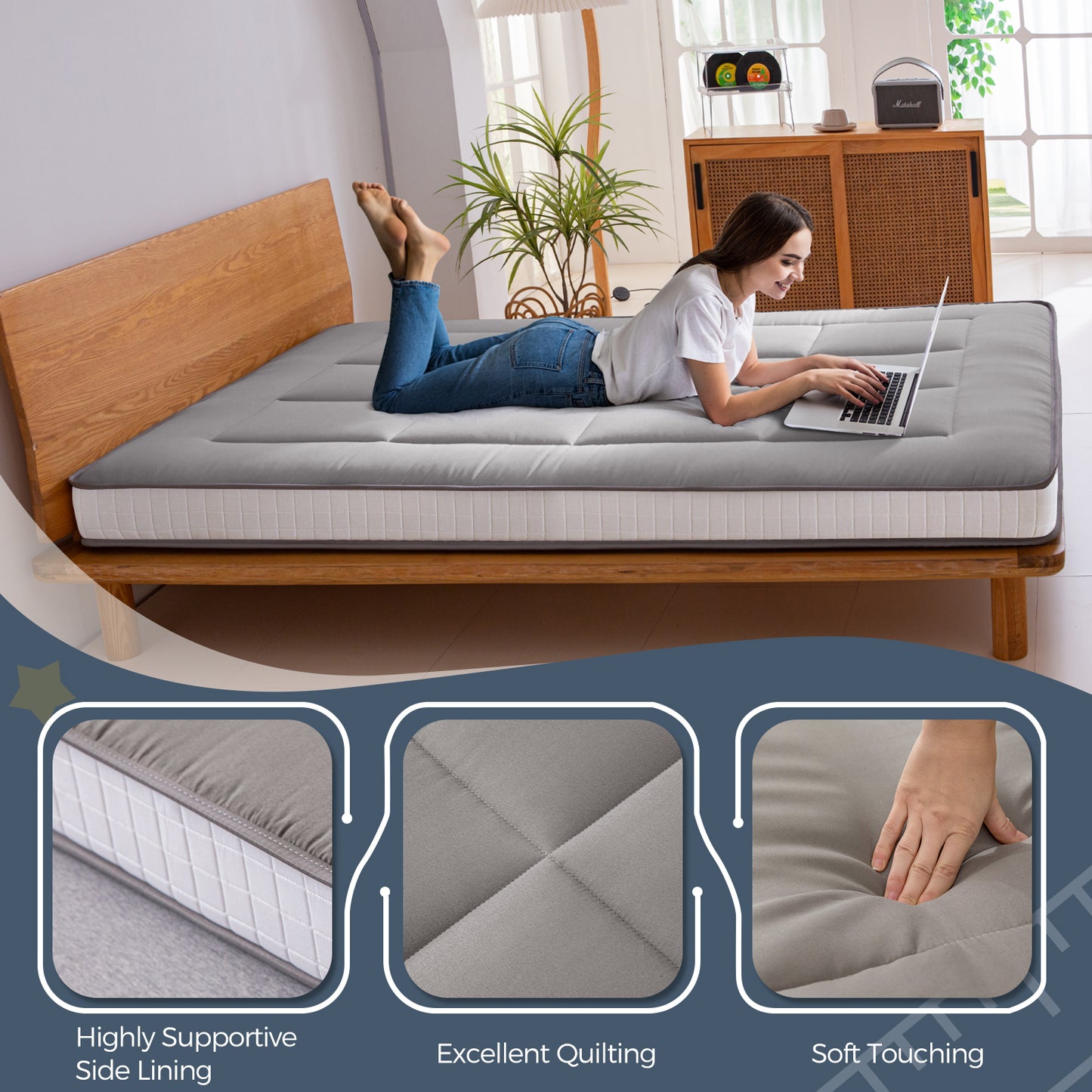 MAXYOYO 15cm Padded Japanese Floor Mattress, Classic Quilted Bed Mattress, Extra Thick Sleeping Pad Breathable Floor Lounger Guest Bed Car Bed (Charcoal Gray)