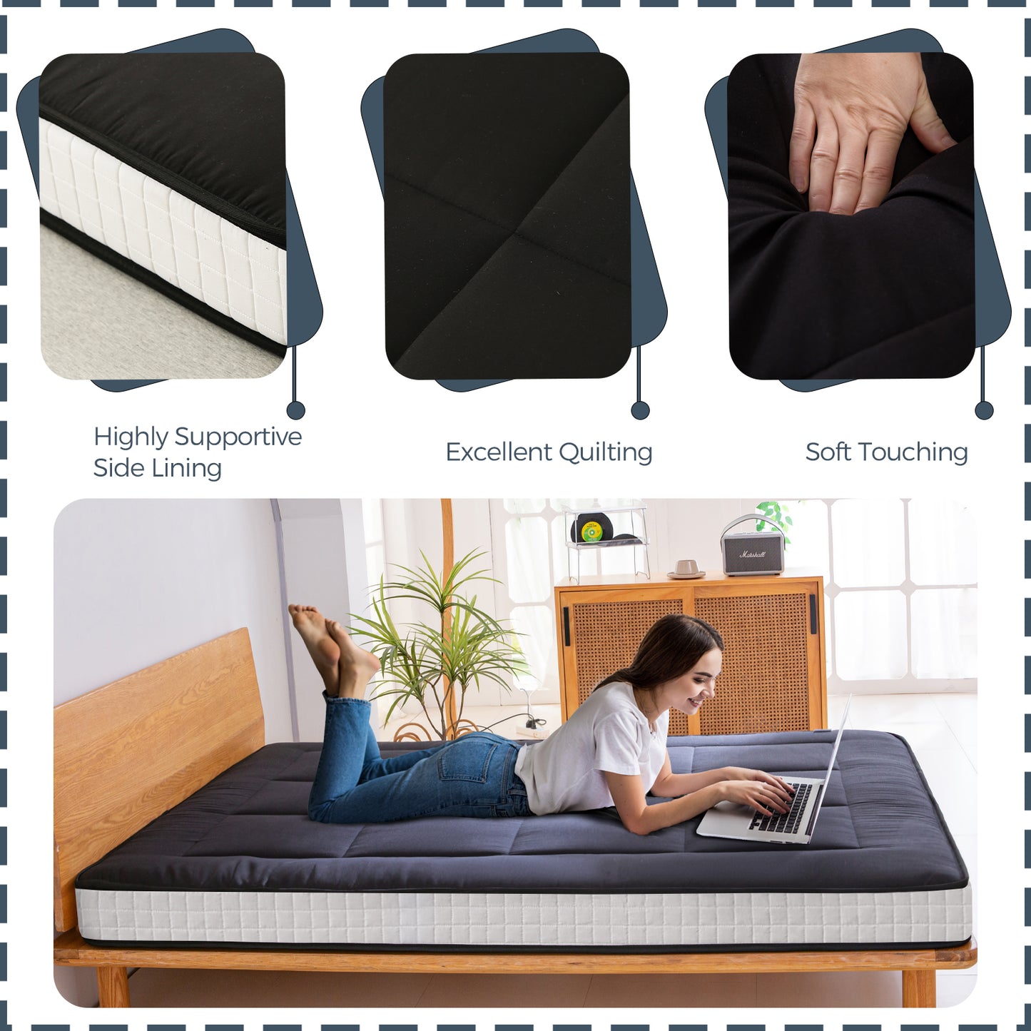 MAXYOYO 15cm Padded Japanese Floor Mattress, Extra Thick Sleeping Pad Breathable Floor Lounger Guest Bed Car Bed (Black)