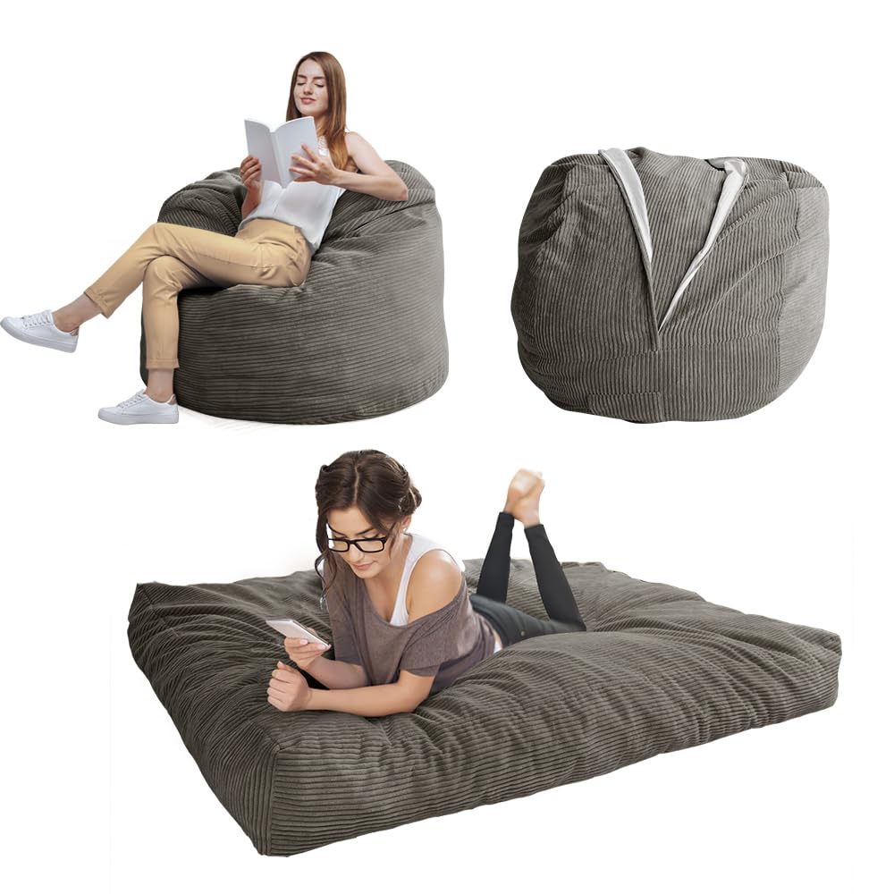 MAXYOYO Bean Bag Bed - Convertible Folds from Bed To Bean Bag Chair - Large Bean Bag with Soft Cover (Charcoal Gray)