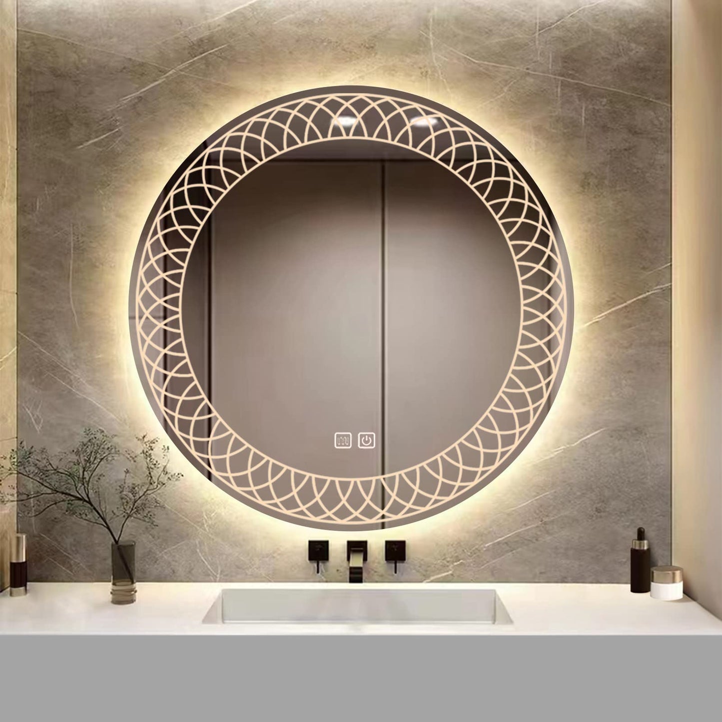 MAXYOYO Patterned Round Bathroom Mirror Wall Mounted Mirror with 3-Color Dimmable LED Light, IP44 (Kaleidoscope)