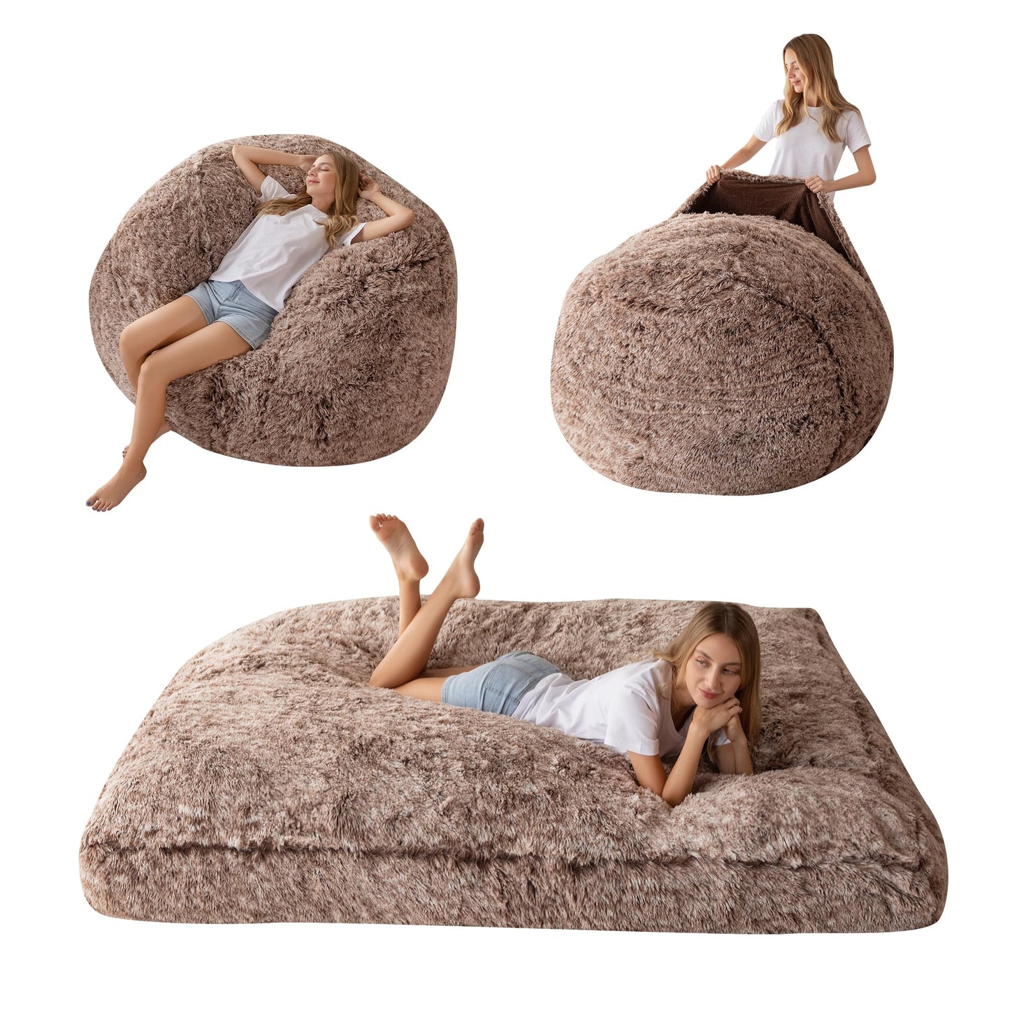 MAXYOYO Giant Bean Bag Bed - Convertible Folds from Bean Bag Chair to Bed - Large Sofa with Plush Cover (Brown)