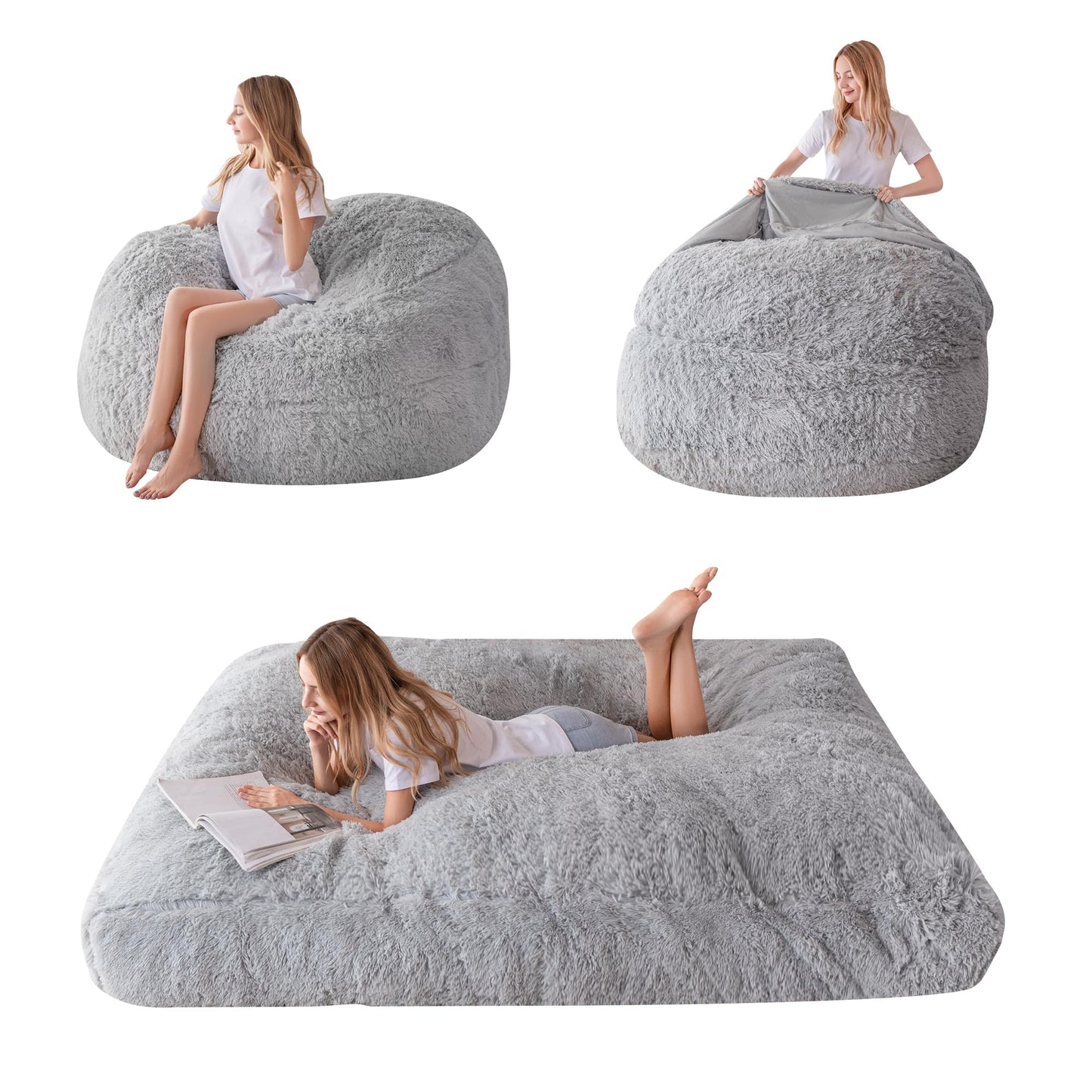 MAXYOYO Giant Bean Bag Bed - Convertible Folds from Bean Bag Chair to Bed - Large Sofa with Plush Cover (Grey)