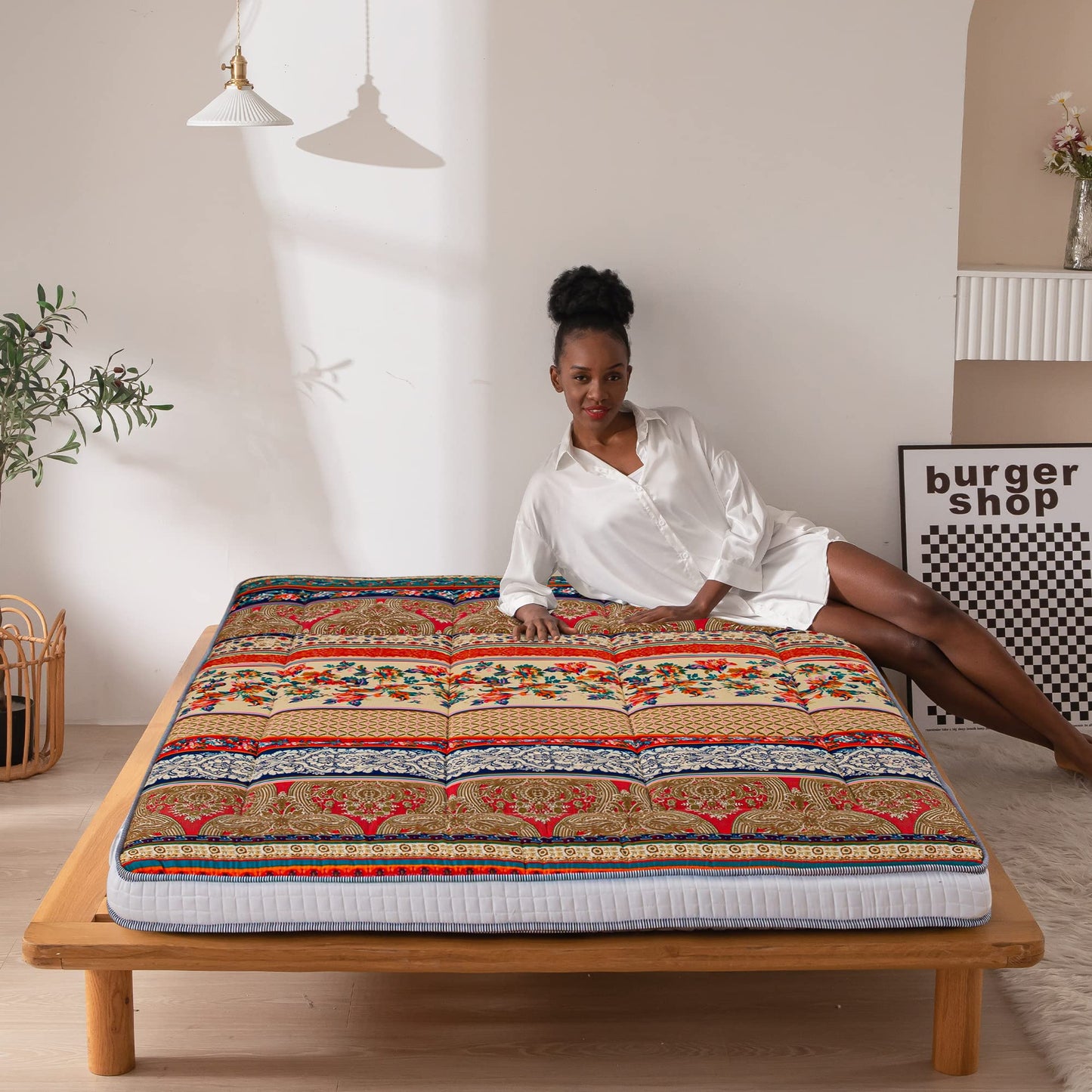 MAXYOYO Bohemian Retro Floor Mattress Vintage Floral Japanese Futon Mattress Thick Roll Up Thicken Sleeping Bed