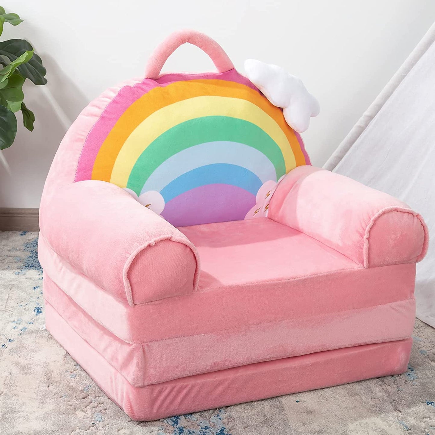 MAXYOYO Kids Fold Out Chair - Cute Folding Sofa Bed Couch Armchair for Playroom Bedroom (Rainbow)