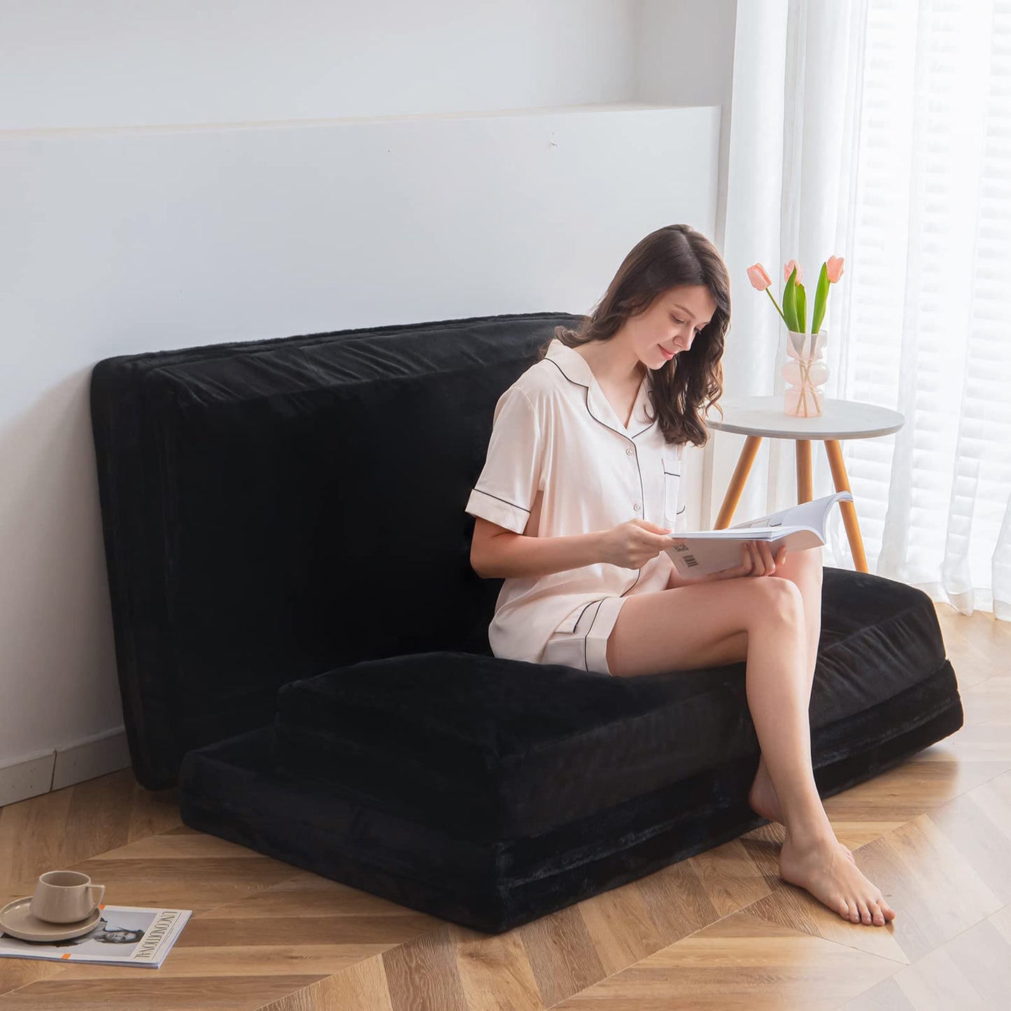 MAXYOYO Bean Bag Bed Folding Sofa Bed Floor Mattress for Adults, 75x240cm, Black