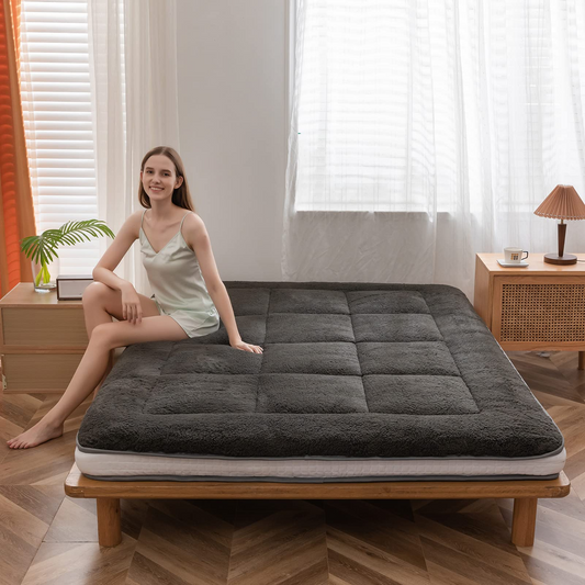 MAXYOYO Padded Sherpa Fleece Futon Mattress, Single Size Japanese Style Floor Mattress Roll Up Mattress, Dark Gray