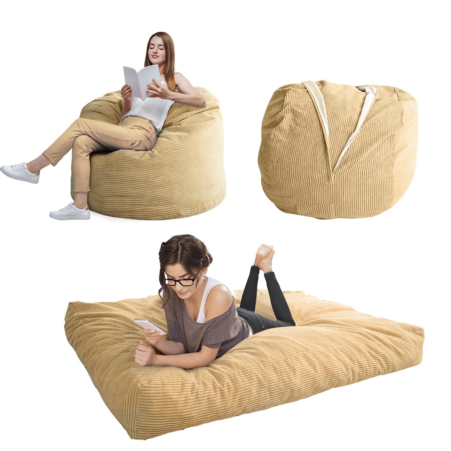 MAXYOYO Bean Bag Bed - Convertible Folds from Bed To Bean Bag Chair - Large Bean Bag with Soft Cover (Camel)
