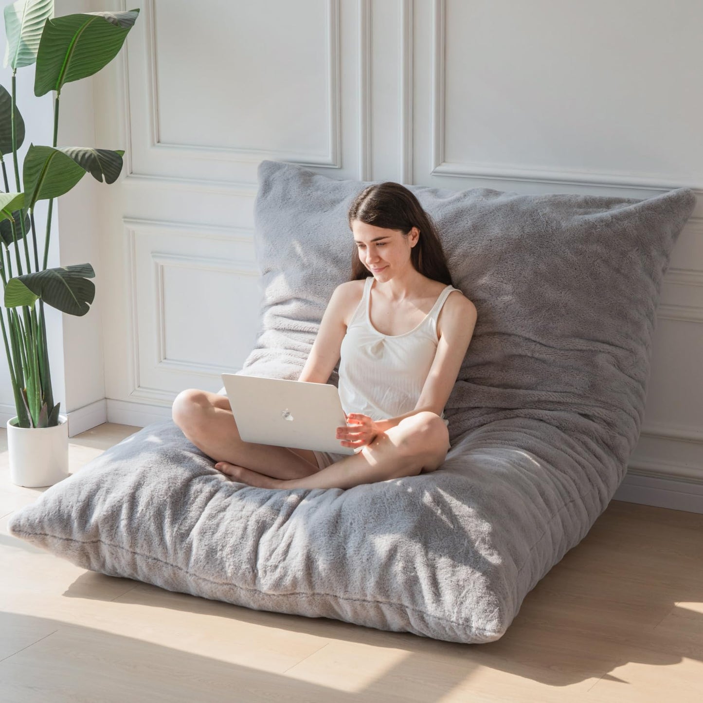 MAXYOYO Giant Bean Bag Bed - Square Bean Bag Chair with Plush Cover and Fluffy Filling Included for Adult (Gray)