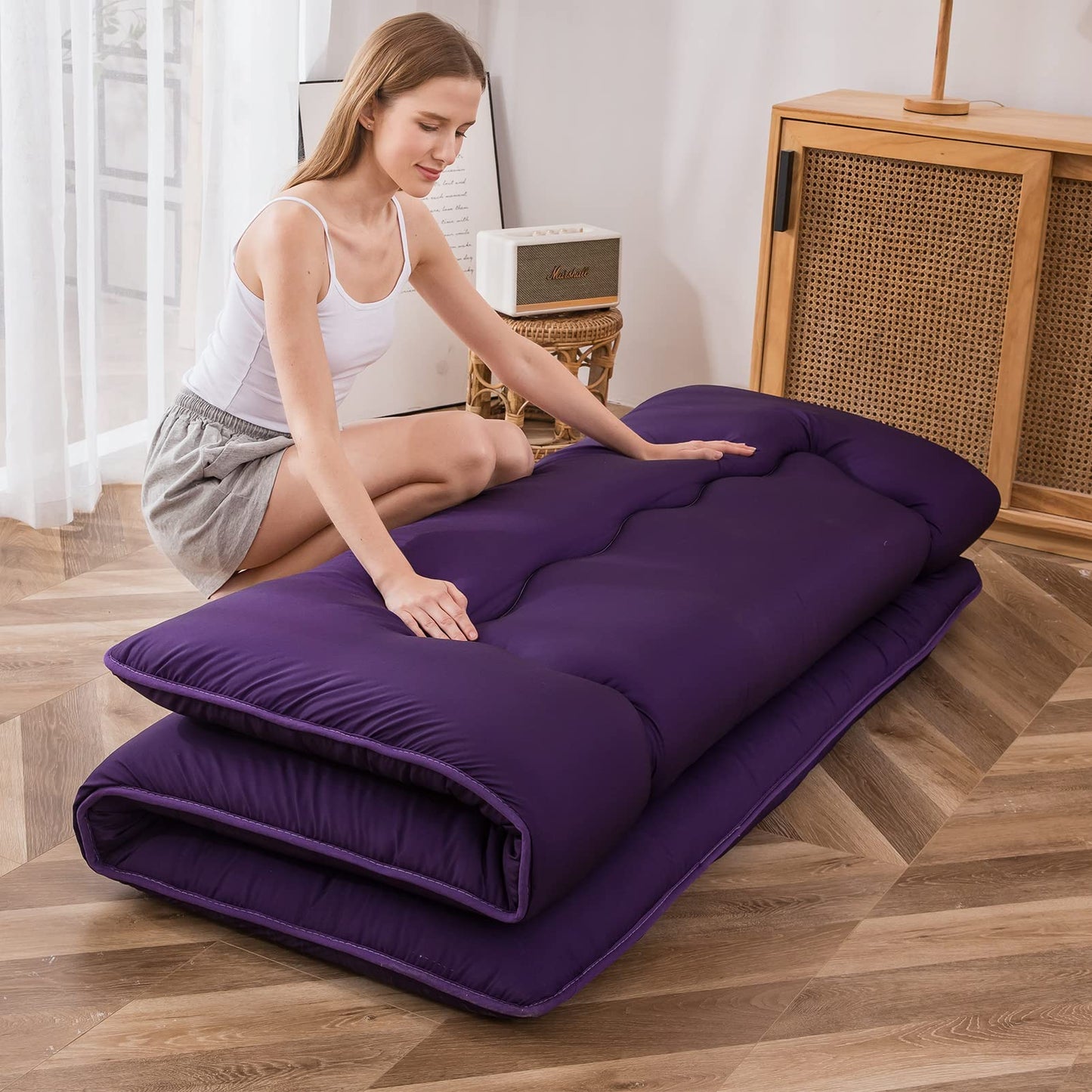 MAXYOYO Japanese Floor Mattress Futon Mattress Quilted Bed Mattress Topper, Purple