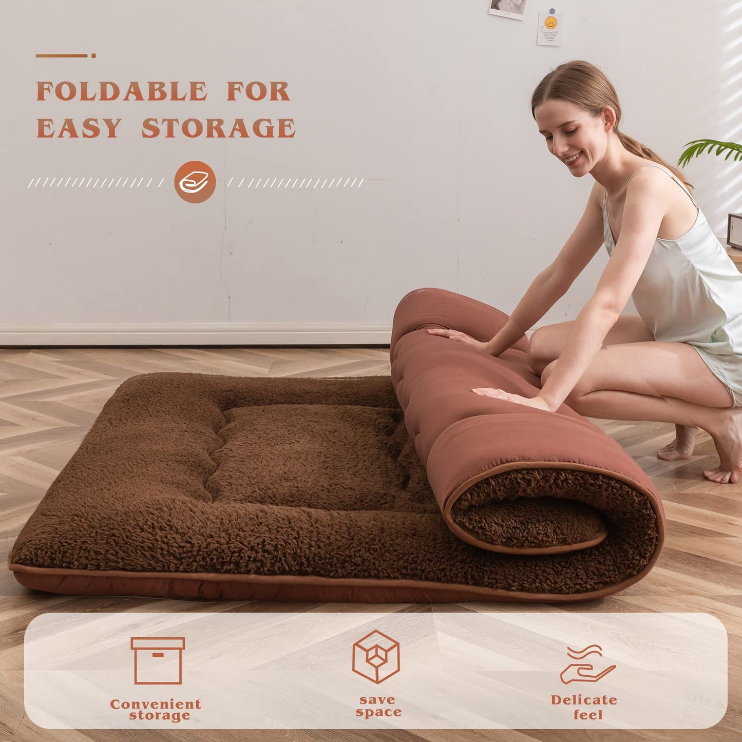 MAXYOYO Sherpa Fleece Floor Mattress Futon Mattress,Coffee Japanese Style Roll Up Mattress