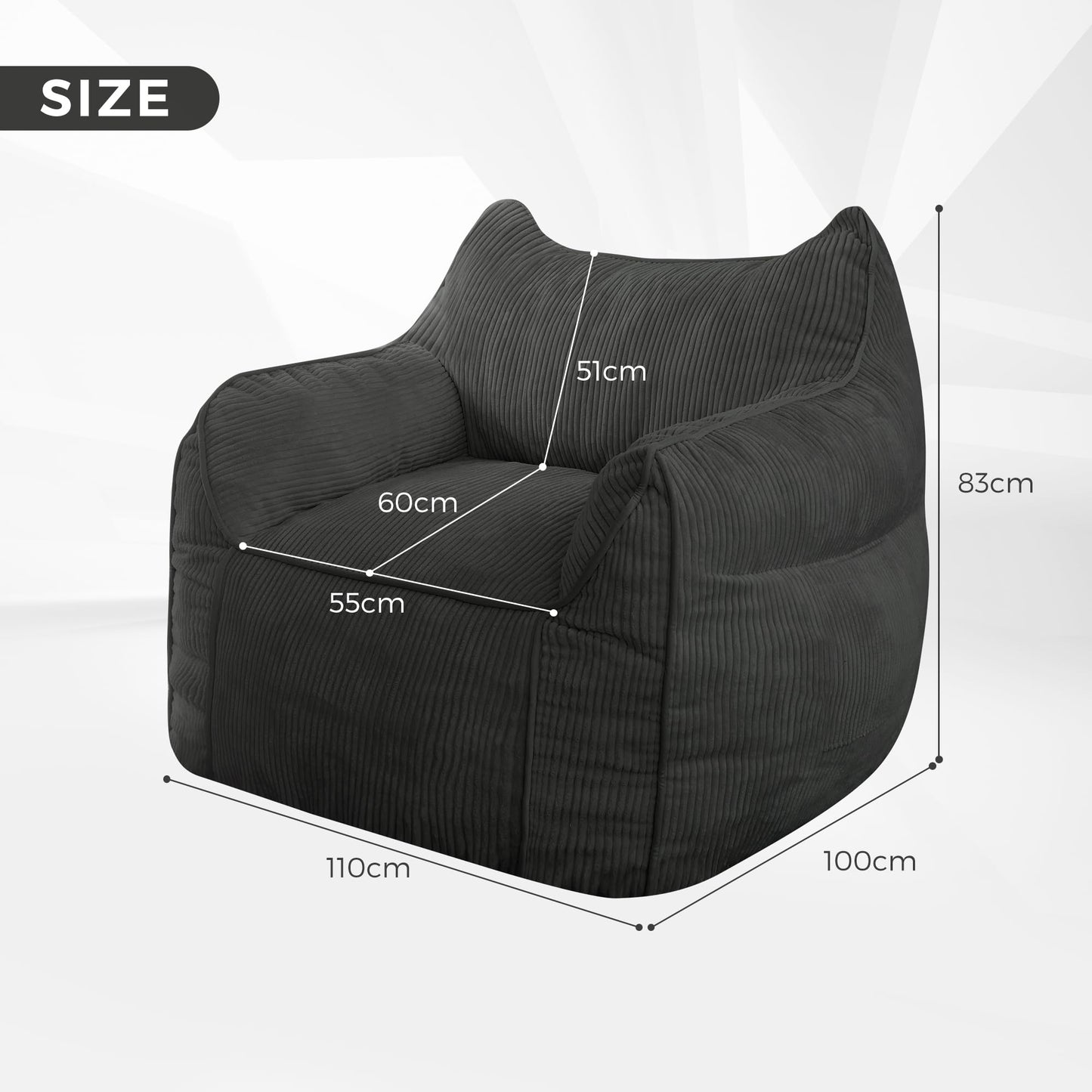 MAXYOYO Giant Bean Bag Sofa for Adults, Corduroy High-Density Foam Filled Bean Bag Chair, Large Lazy Puff Chair for Living Room, Bedroom (Charcoal Gray)