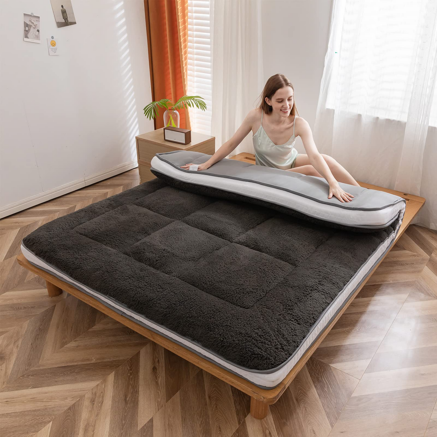 MAXYOYO Padded Sherpa Fleece Futon Mattress, Single Size Japanese Style Floor Mattress Roll Up Mattress, Dark Gray