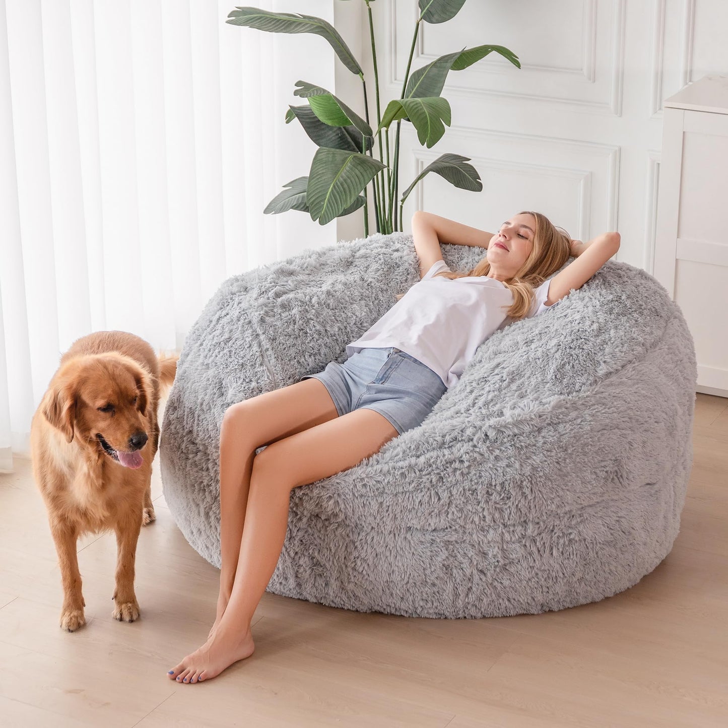 MAXYOYO Giant Bean Bag Bed - Convertible Folds from Bean Bag Chair to Bed - Large Sofa with Plush Cover (Grey)
