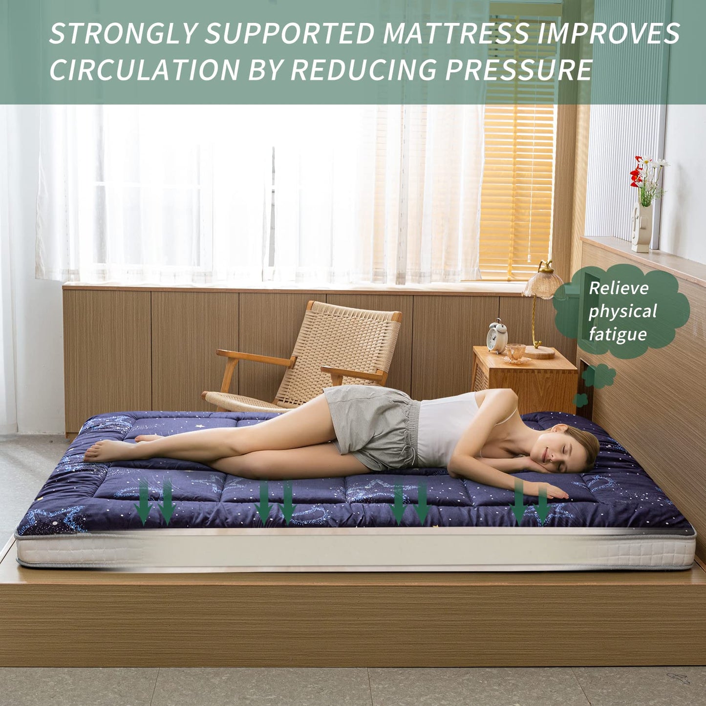 MAXYOYO Extra Thick Padded Japanese Floor Mattress, Roll Up Futon Mattress, Moon and Star Printed