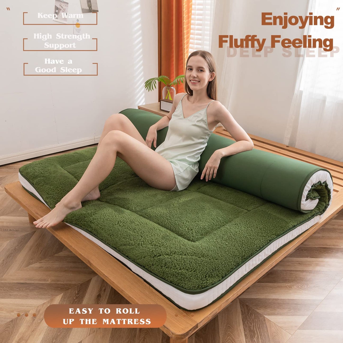 MAXYOYO Padded Sherpa Fleece Futon Mattress Japanese Style Floor Mattress Roll Up Mattress, Green