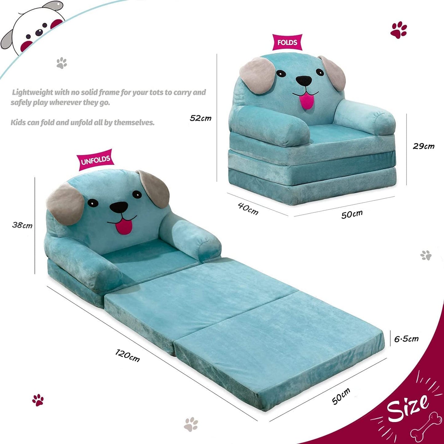 MAXYOYO Kids Fold Out Chair - Cute Folding Sofa Bed Couch Armchair for Playroom Bedroom (Blue Dog)