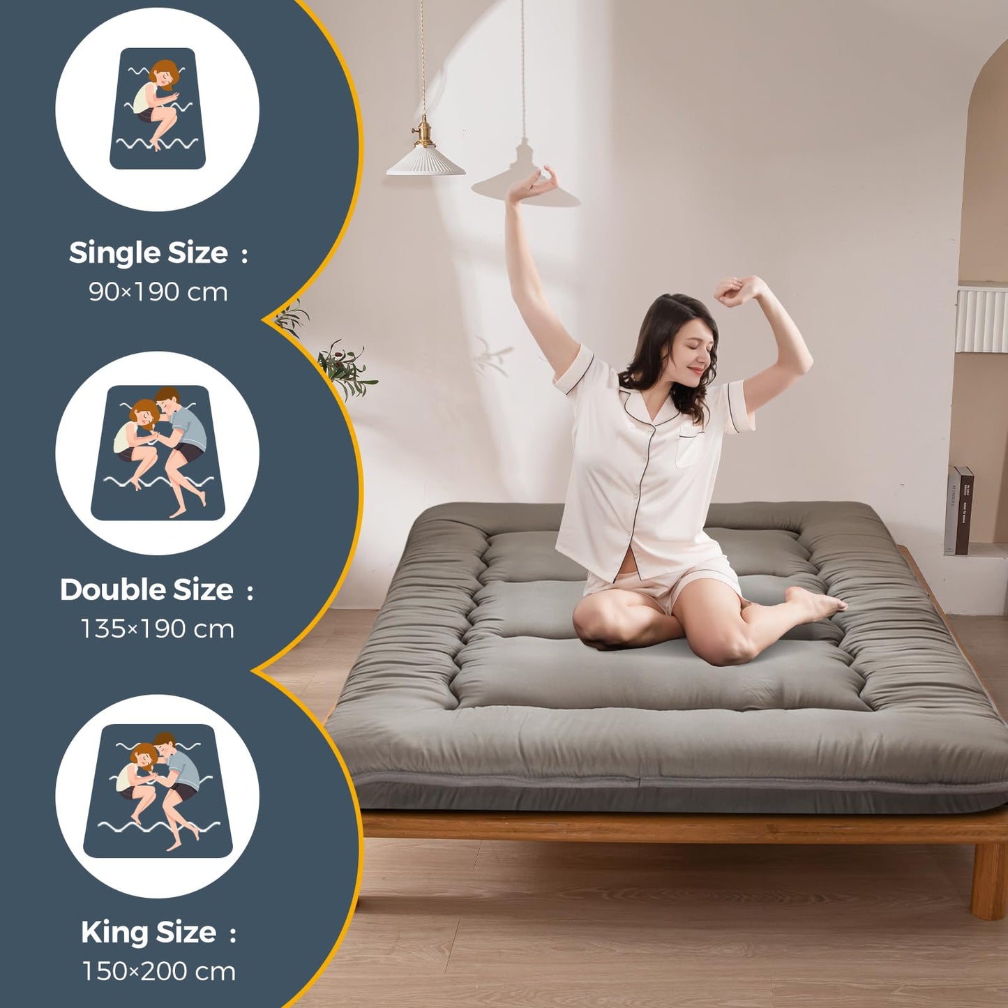MAXYOYO 15cm Japanese Floor Mattress, Classic Quilted Bed Mattress, Extra Thick Sleeping Pad Breathable Floor Lounger Guest Bed Car Bed (Charcoal Gray)