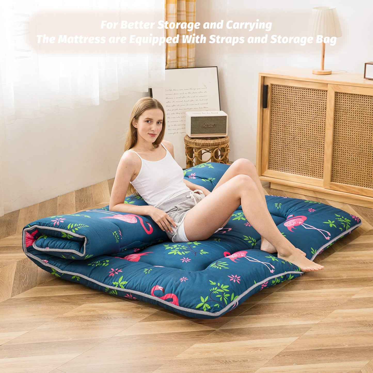 MAXYOYO Japanese Floor Mattress Futon Mattress, Flamingo Printed Tatami Mat