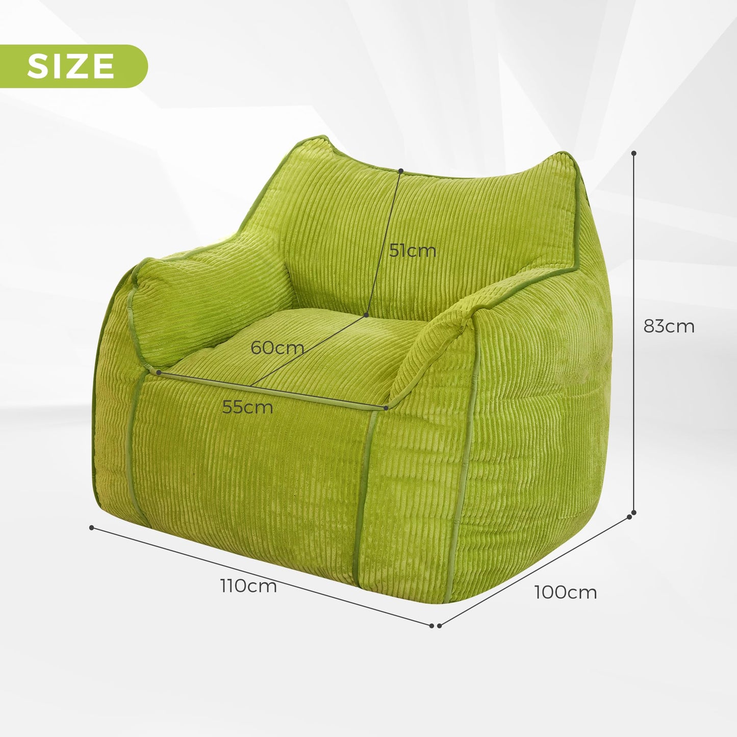 MAXYOYO Giant Bean Bag Sofa for Adults, Corduroy High-Density Foam Filled Bean Bag Chair, Large Lazy Puff Chair for Living Room, Bedroom (Green)