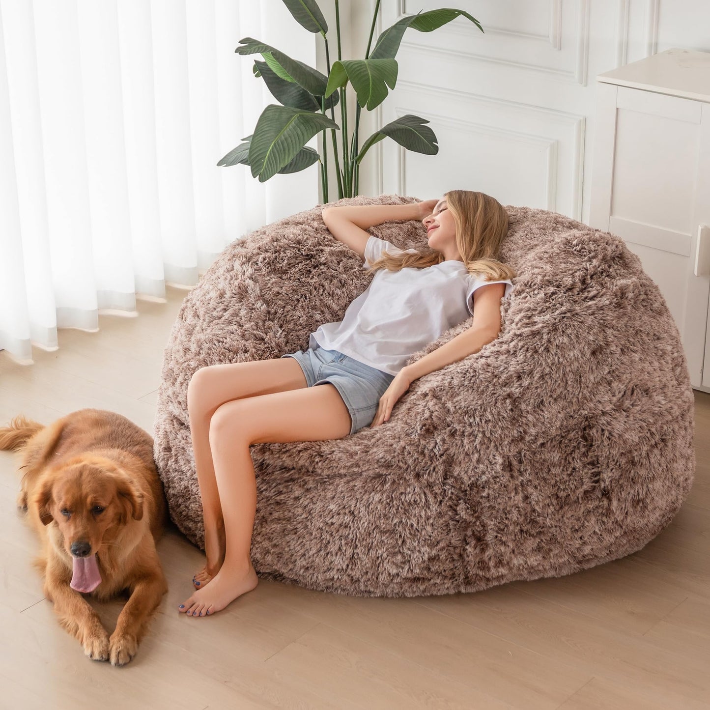 MAXYOYO Giant Bean Bag Bed - Convertible Folds from Bean Bag Chair to Bed - Large Sofa with Plush Cover (Brown)