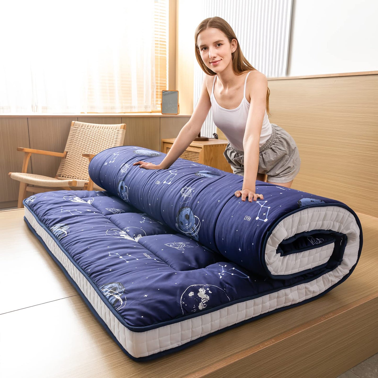 MAXYOYO Extra Thick Padded Japanese Floor Mattress, Roll Up Futon Mattress, Space Adventure Printed