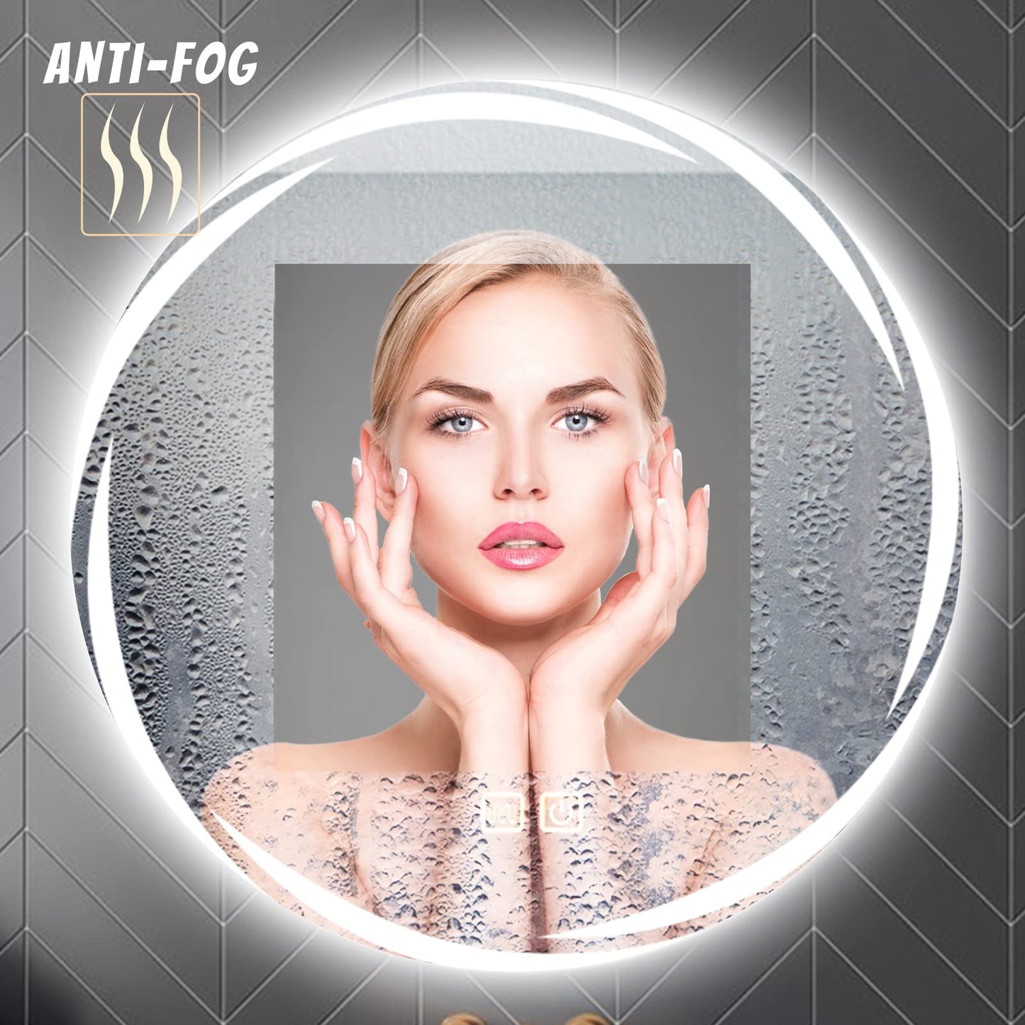 MAXYOYO Patterned Round Bathroom Mirror Wall Mounted Mirror with 3-Color Dimmable LED Light, IP44 (Whirlwind)
