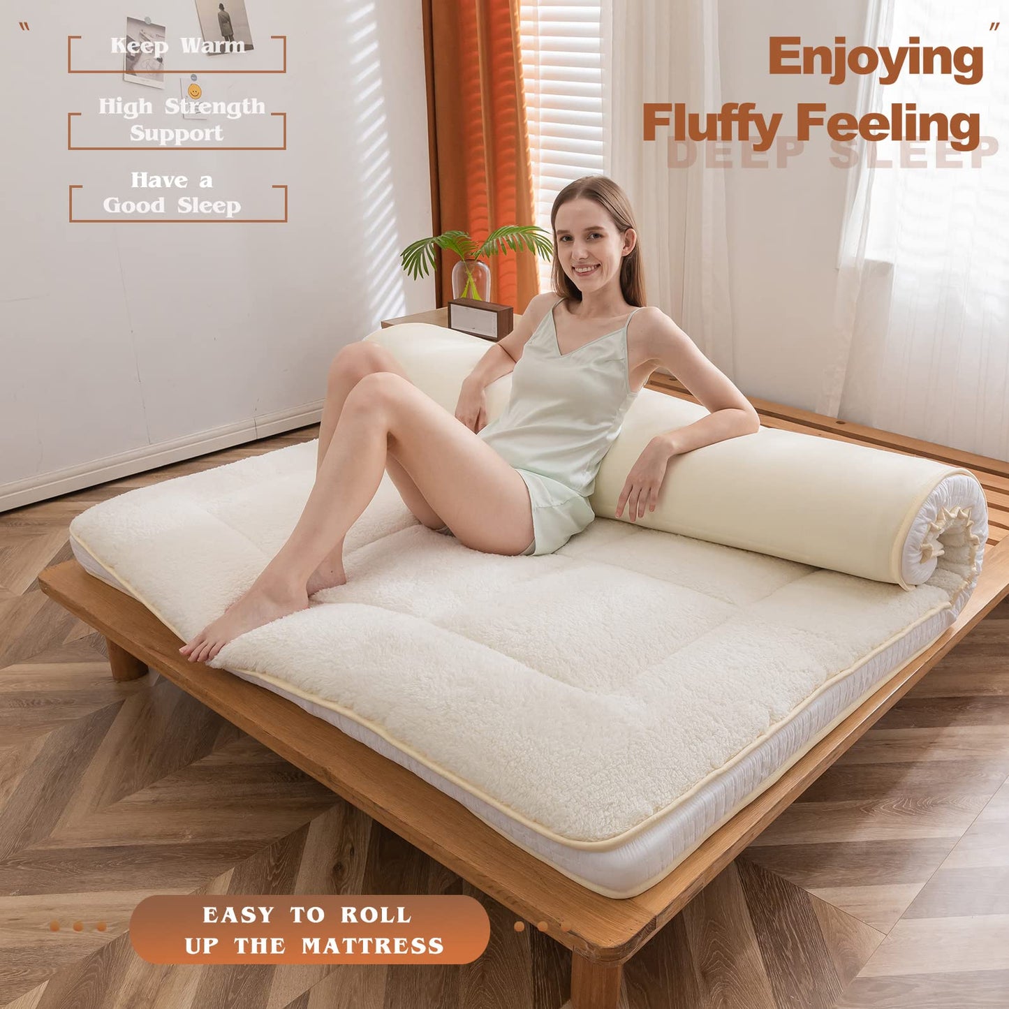 MAXYOYO Padded Sherpa Fleece Futon Mattress Japanese Style Floor Mattress Roll Up Mattress, Off White