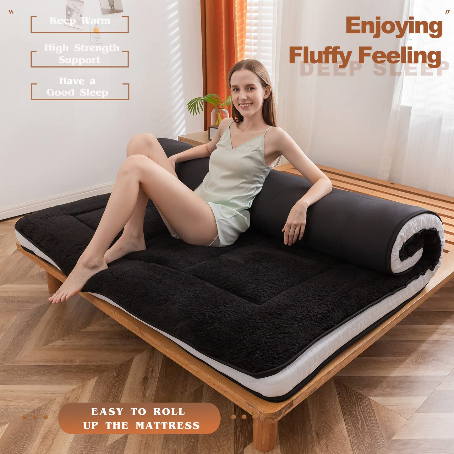 MAXYOYO Padded Sherpa Fleece Futon Mattress, Single Size Japanese Style Floor Mattress Roll Up Mattress, Black
