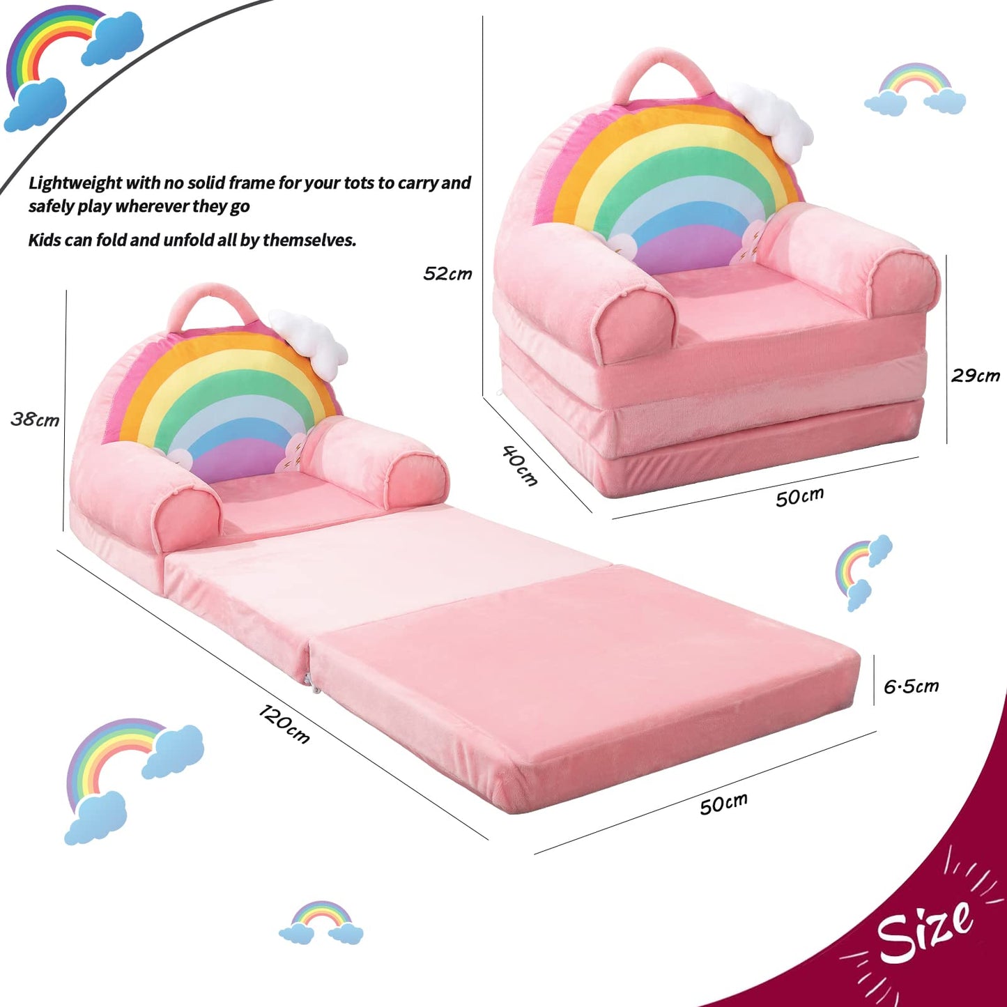 MAXYOYO Kids Fold Out Chair - Cute Folding Sofa Bed Couch Armchair for Playroom Bedroom (Rainbow)