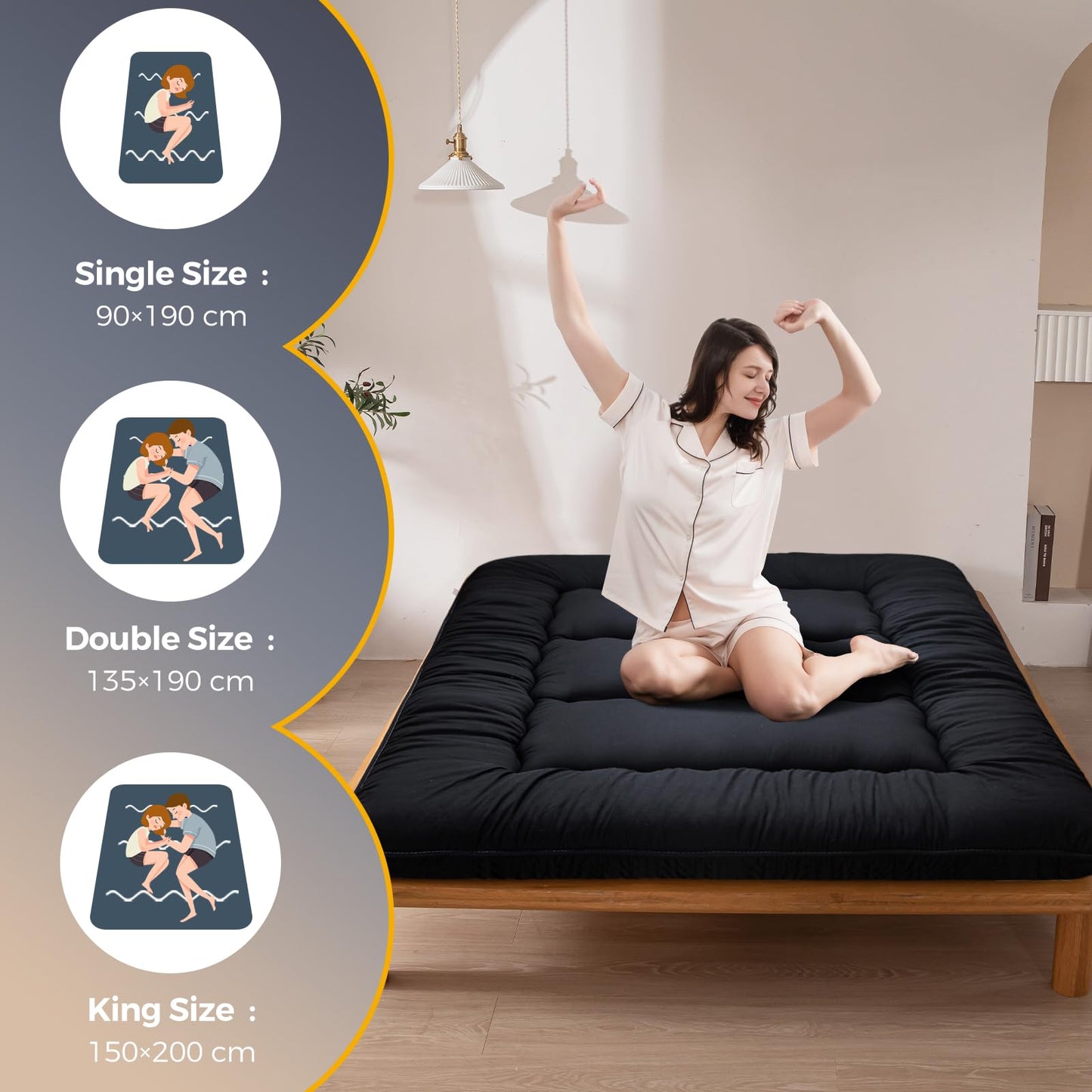 MAXYOYO 15cm Japanese Floor Mattress, Classic Quilted Bed Mattress, Extra Thick Sleeping Pad Breathable Floor Lounger Guest Bed Car Bed (Black)