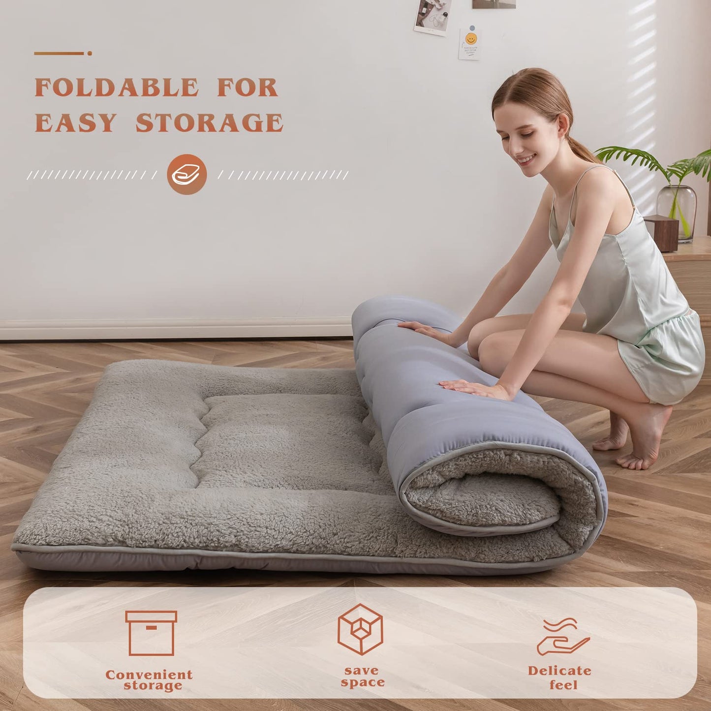 MAXYOYO Sherpa Fleece Floor Mattress Futon Mattress,Grey Japanese Style Roll Up Mattress
