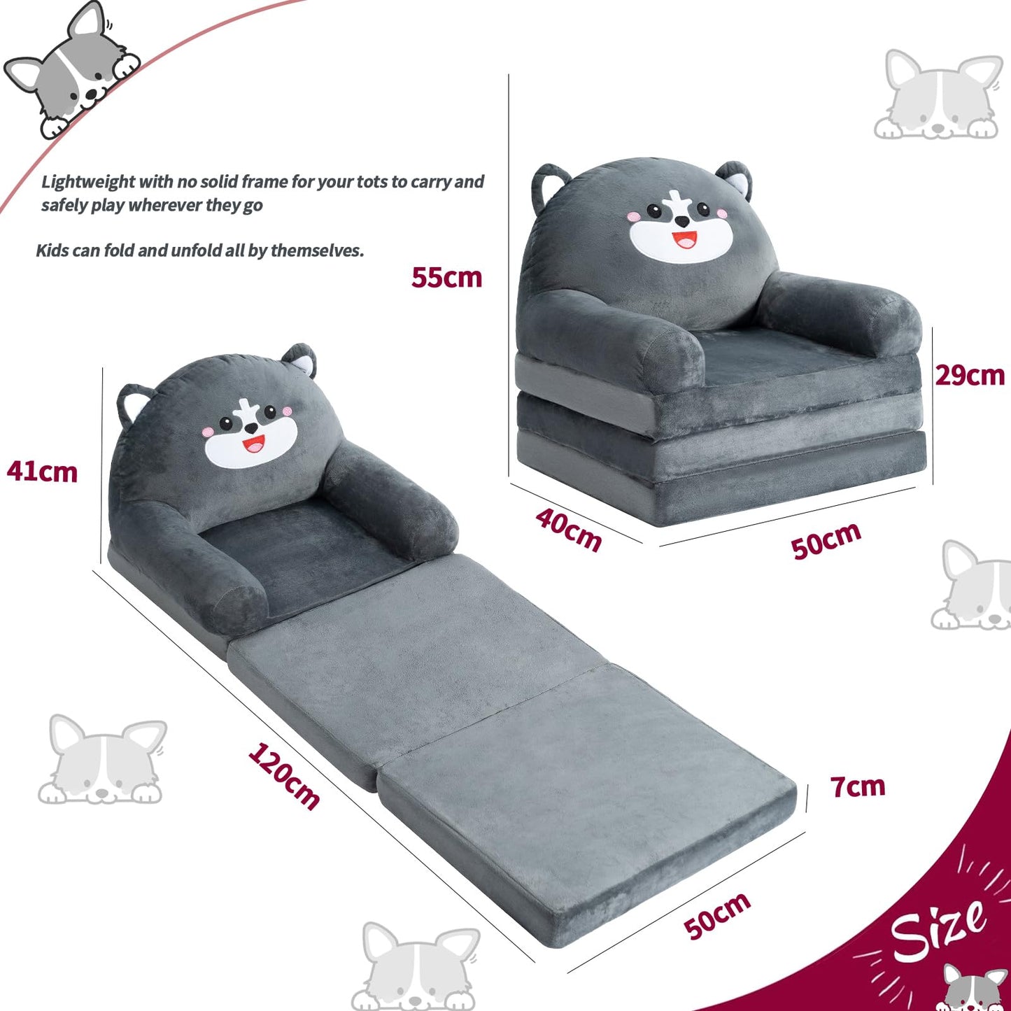 MAXYOYO Kids Fold Out Chair - Cute Folding Sofa Bed Couch Armchair for Playroom Bedroom (Gray Dog)
