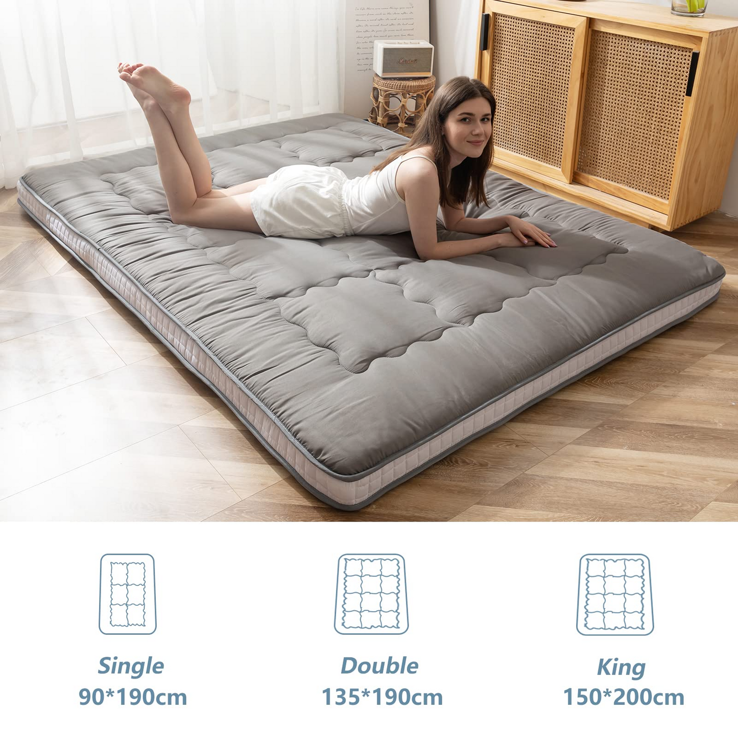 MAXYOYO Futon Mattress, Padded Japanese Floor Mattress Quilted Bed Mattress Topper, Grey