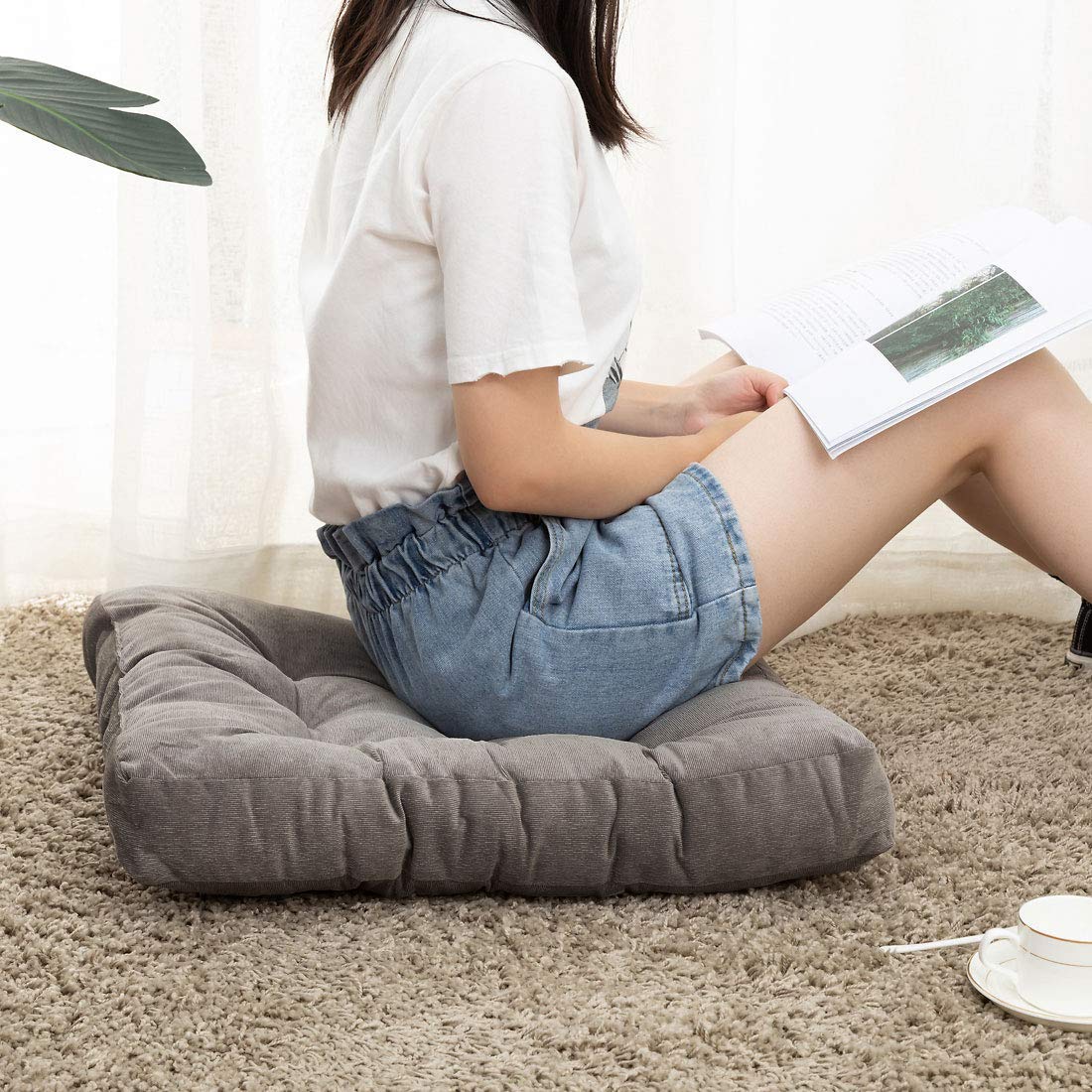 MAXYOYO Square Solid Floor Cushion, 22" Large Floor Cushions Thicken Floor Pillow Corduroy Tatami Cushion, Grey