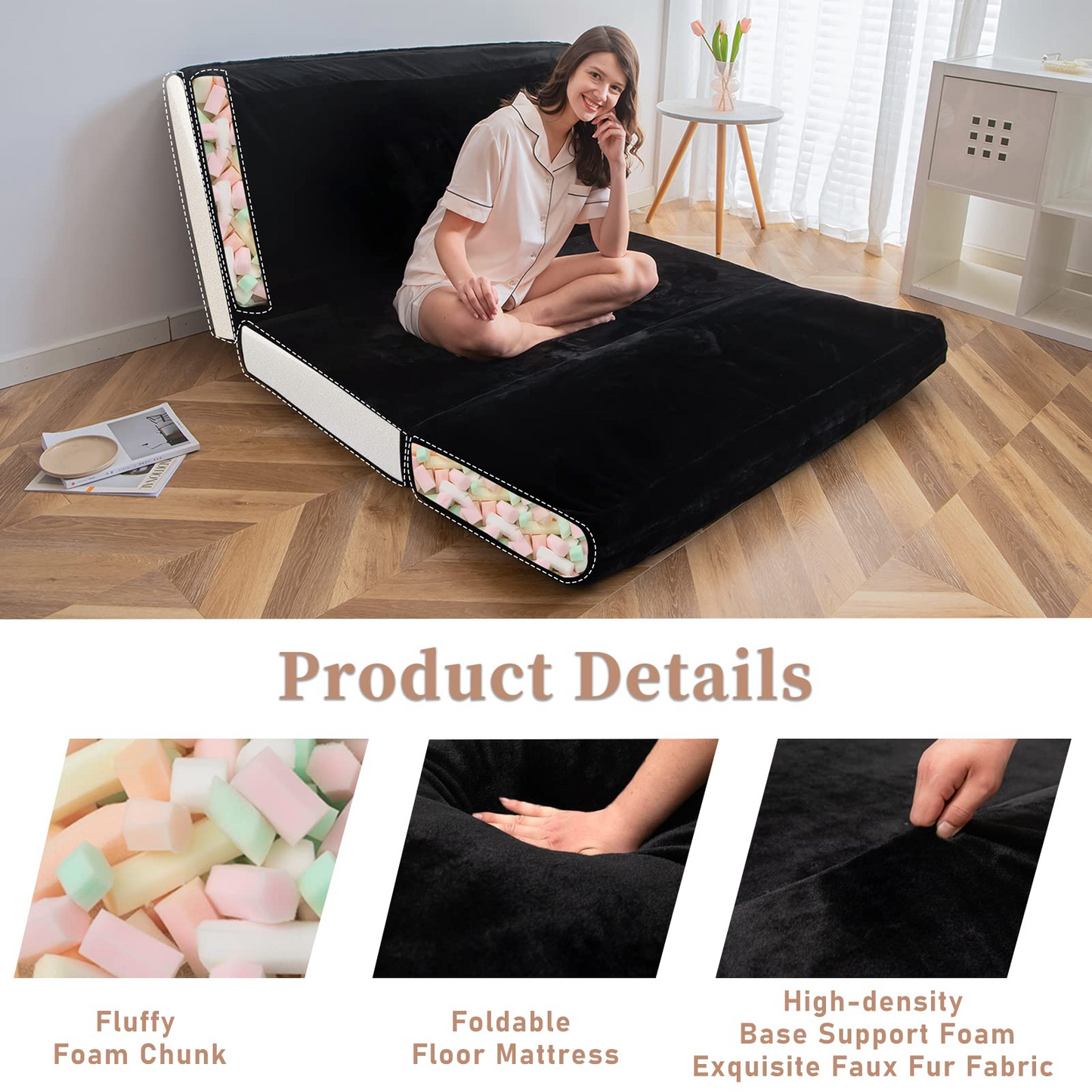 MAXYOYO Bean Bag Bed Folding Sofa Bed Floor Mattress for Adults, 75x240cm, Black