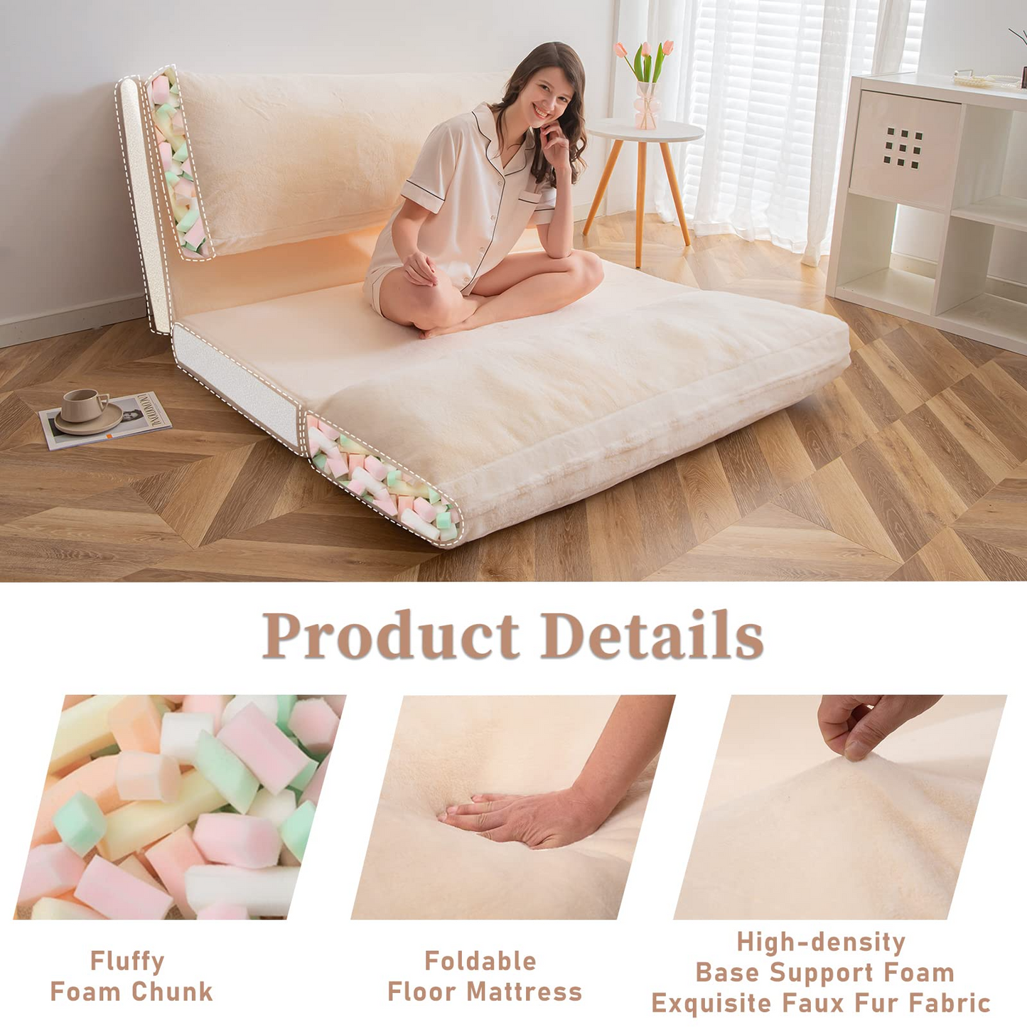 MAXYOYO Bean Bag Bed Folding Sofa Bed Floor Mattress for Adults, 75x240cm, White