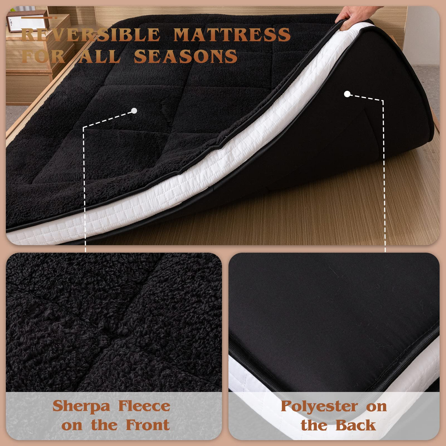 MAXYOYO Padded Sherpa Fleece Futon Mattress, Single Size Japanese Style Floor Mattress Roll Up Mattress, Black