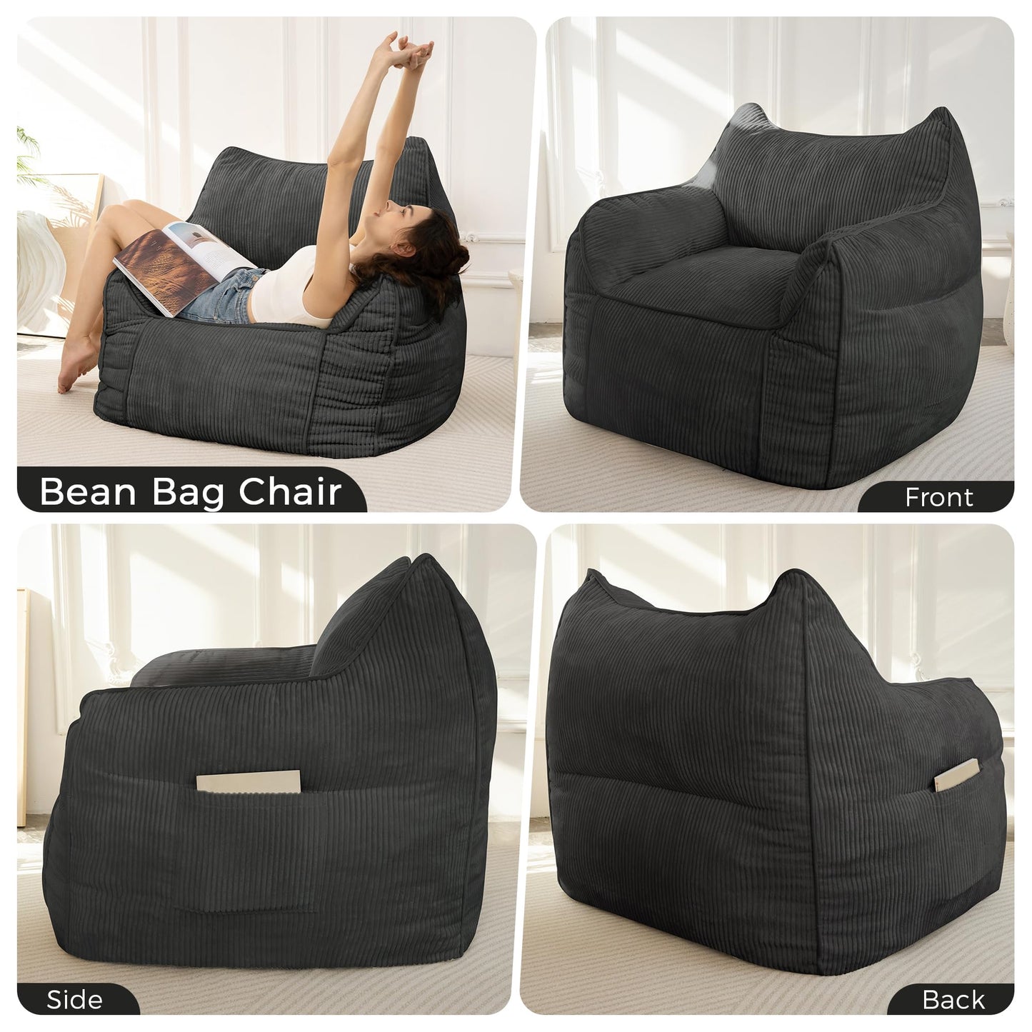 MAXYOYO Giant Bean Bag Sofa for Adults, Corduroy High-Density Foam Filled Bean Bag Chair, Large Lazy Puff Chair for Living Room, Bedroom (Charcoal Gray)