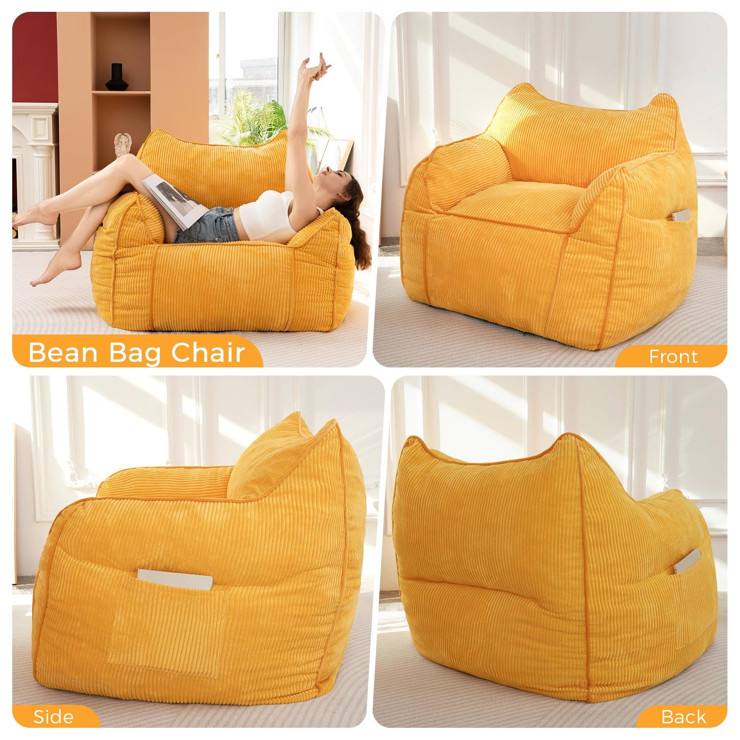 MAXYOYO Giant Bean Bag Sofa for Adults, Corduroy High-Density Foam Filled Bean Bag Chair, Large Lazy Puff Chair for Living Room, Bedroom (Orange)