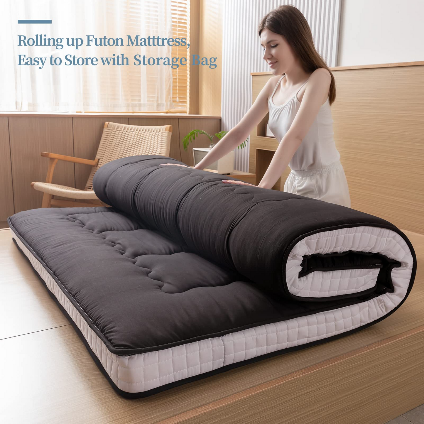 MAXYOYO Futon Mattress, Padded Japanese Floor Mattress Quilted Bed Mattress Topper, Black