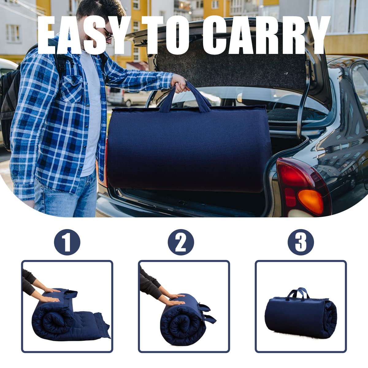 MAXYOYO Portable Foldable Futon Mattress, Foam Mattress Pad with Handle and Zipper, Navy