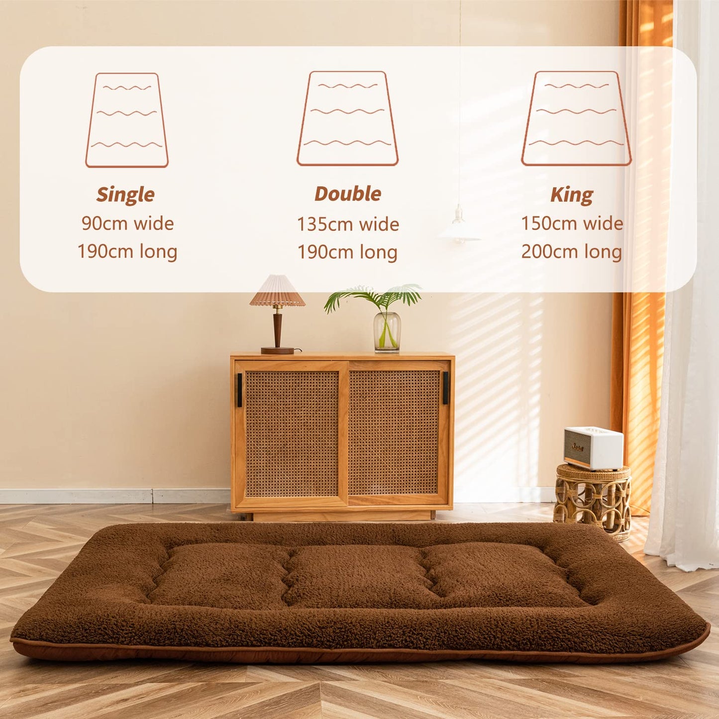 MAXYOYO Sherpa Fleece Floor Mattress Futon Mattress,Coffee Japanese Style Roll Up Mattress