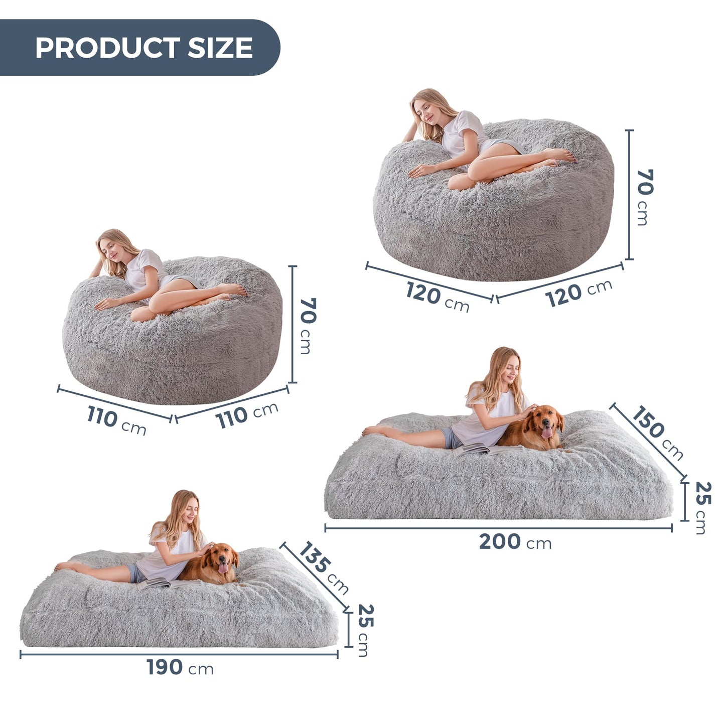 MAXYOYO Giant Bean Bag Bed - Convertible Folds from Bean Bag Chair to Bed - Large Sofa with Plush Cover (Grey)