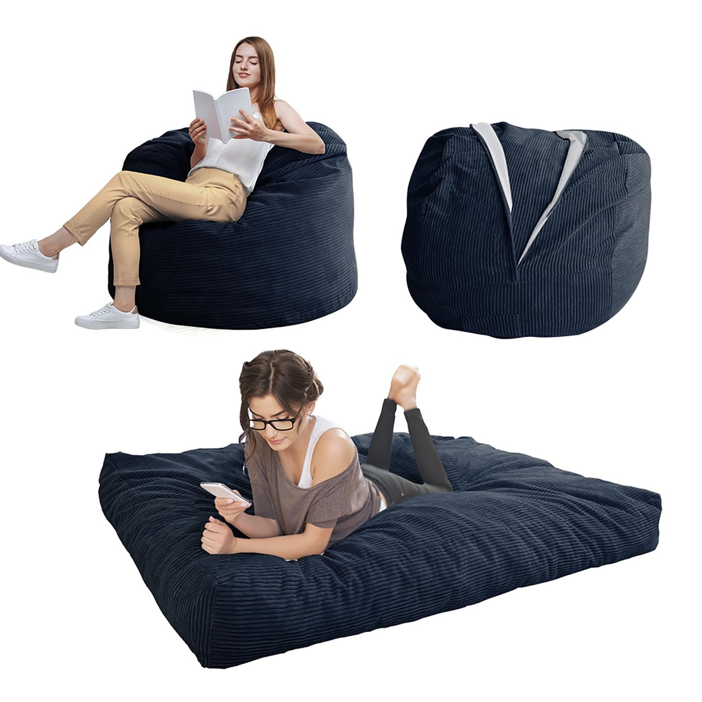 MAXYOYO Bean Bag Bed - Convertible Folds from Bed To Bean Bag Chair - Large Bean Bag with Soft Cover (Navy)