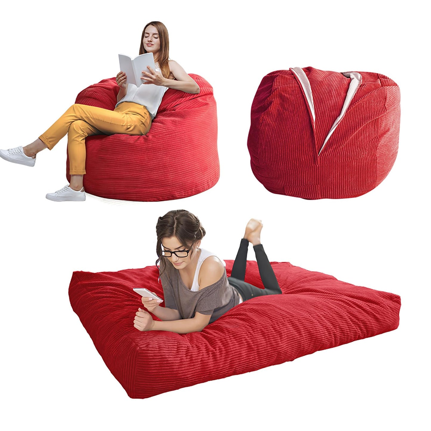 MAXYOYO Bean Bag Bed - Convertible Folds from Bed To Bean Bag Chair - Large Bean Bag with Soft Cover (Cinnabar)