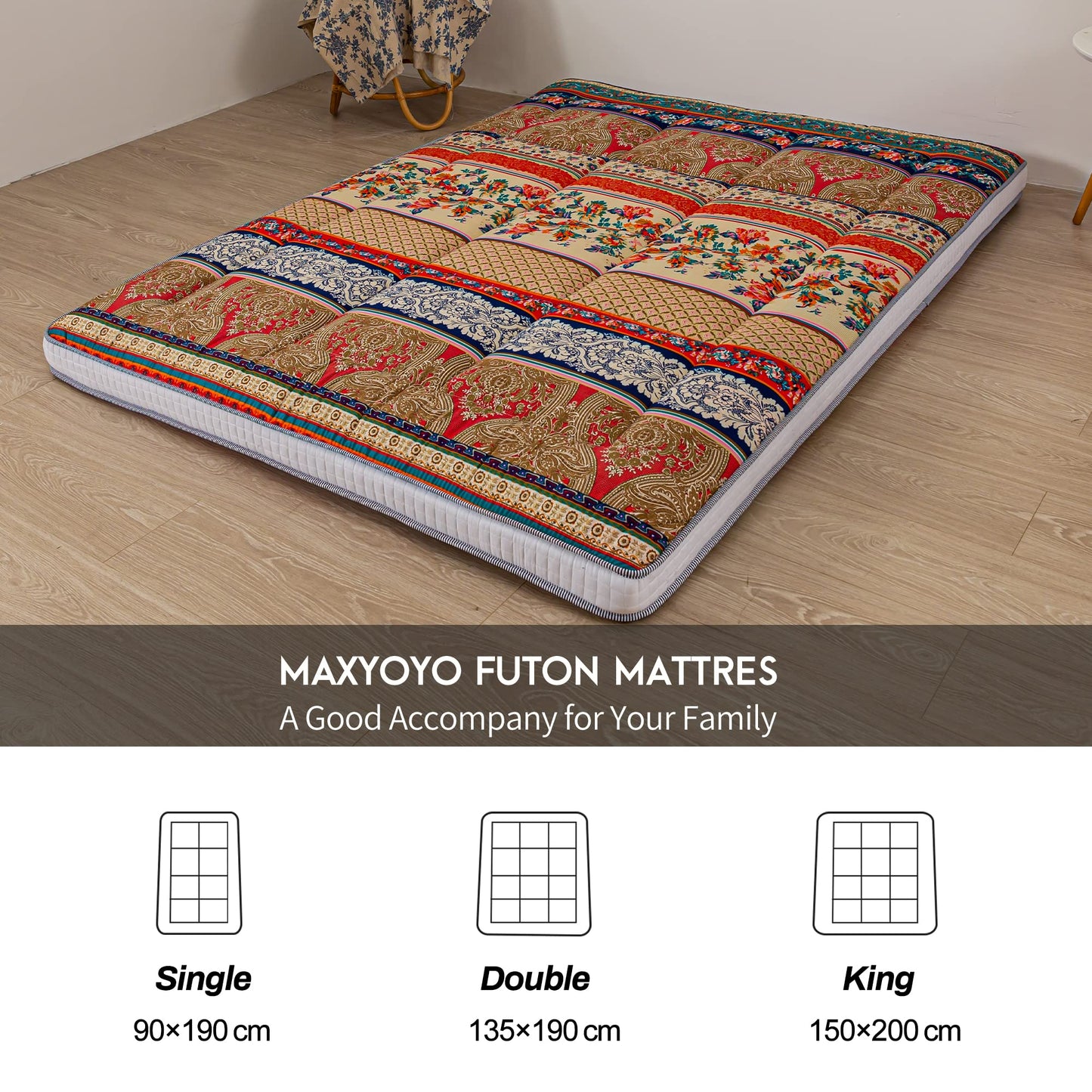 MAXYOYO Bohemian Retro Floor Mattress Vintage Floral Japanese Futon Mattress Thick Roll Up Thicken Sleeping Bed