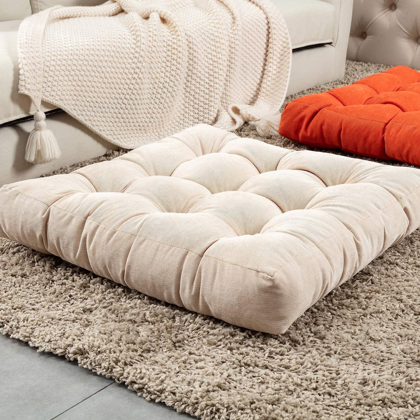 MAXYOYO Square Solid Floor Cushion, 22x22 Inch Large Floor Cushions Thicken Floor Pillow Corduroy Tatami Cushion, Beige