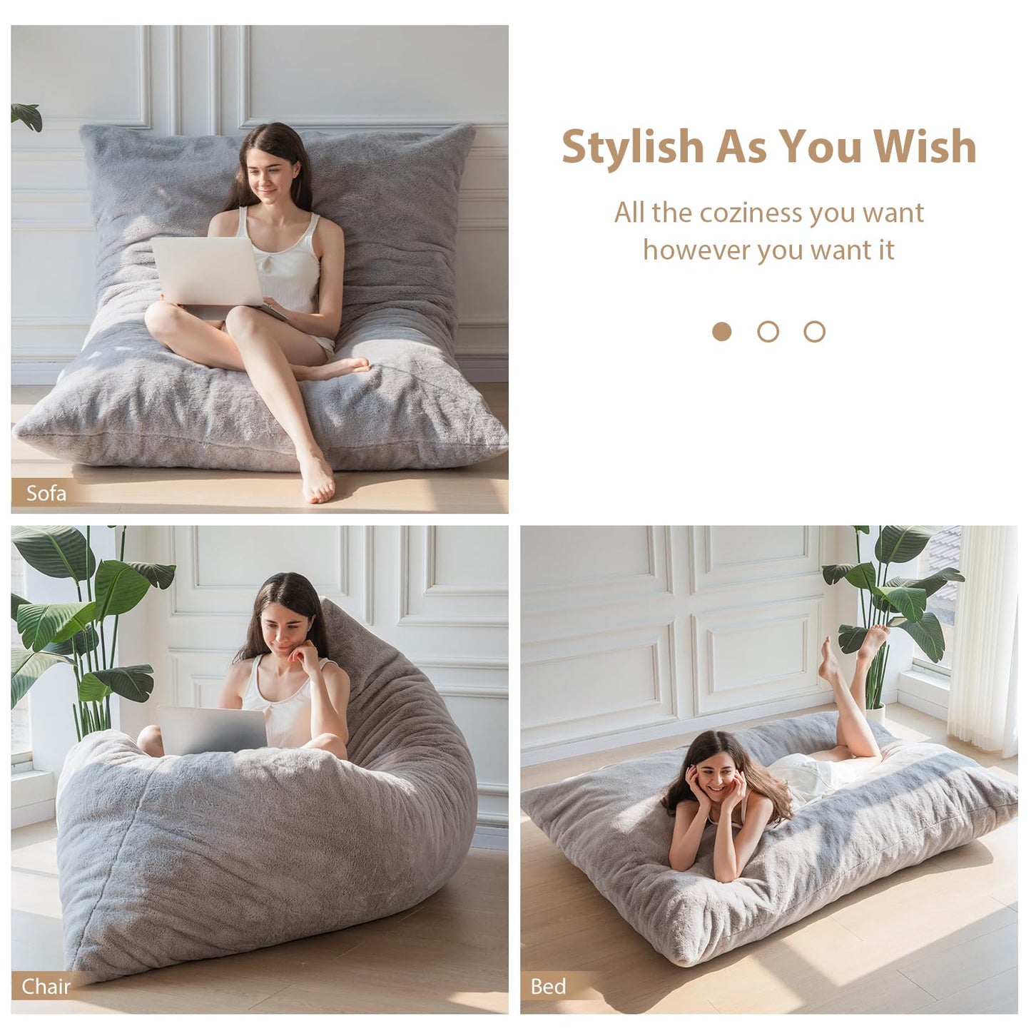 MAXYOYO Giant Bean Bag Bed - Square Bean Bag Chair with Plush Cover and Fluffy Filling Included for Adult (Gray)