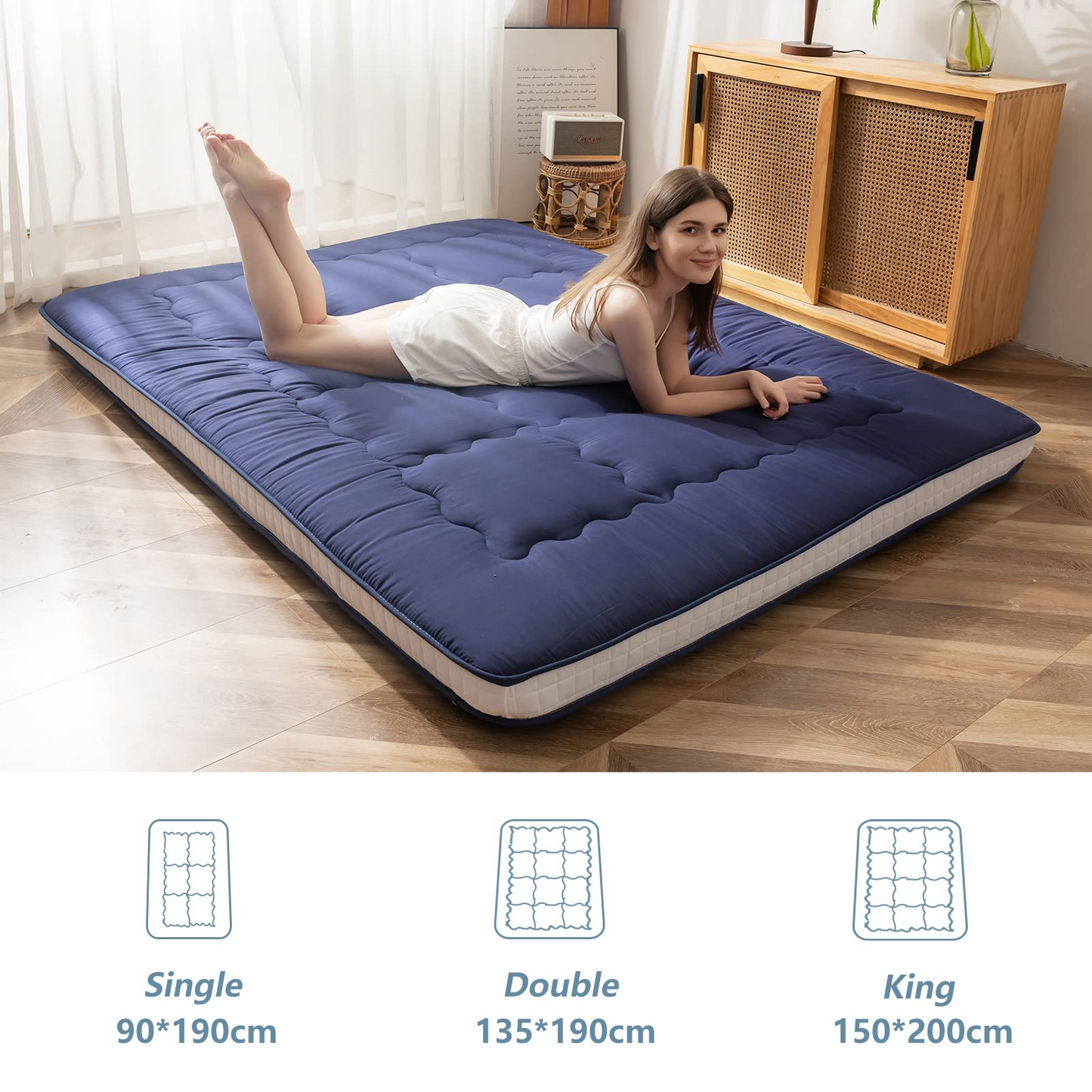 MAXYOYO Futon Mattress, Padded Japanese Floor Mattress Extra Thick Folding Sleeping Pad, Navy
